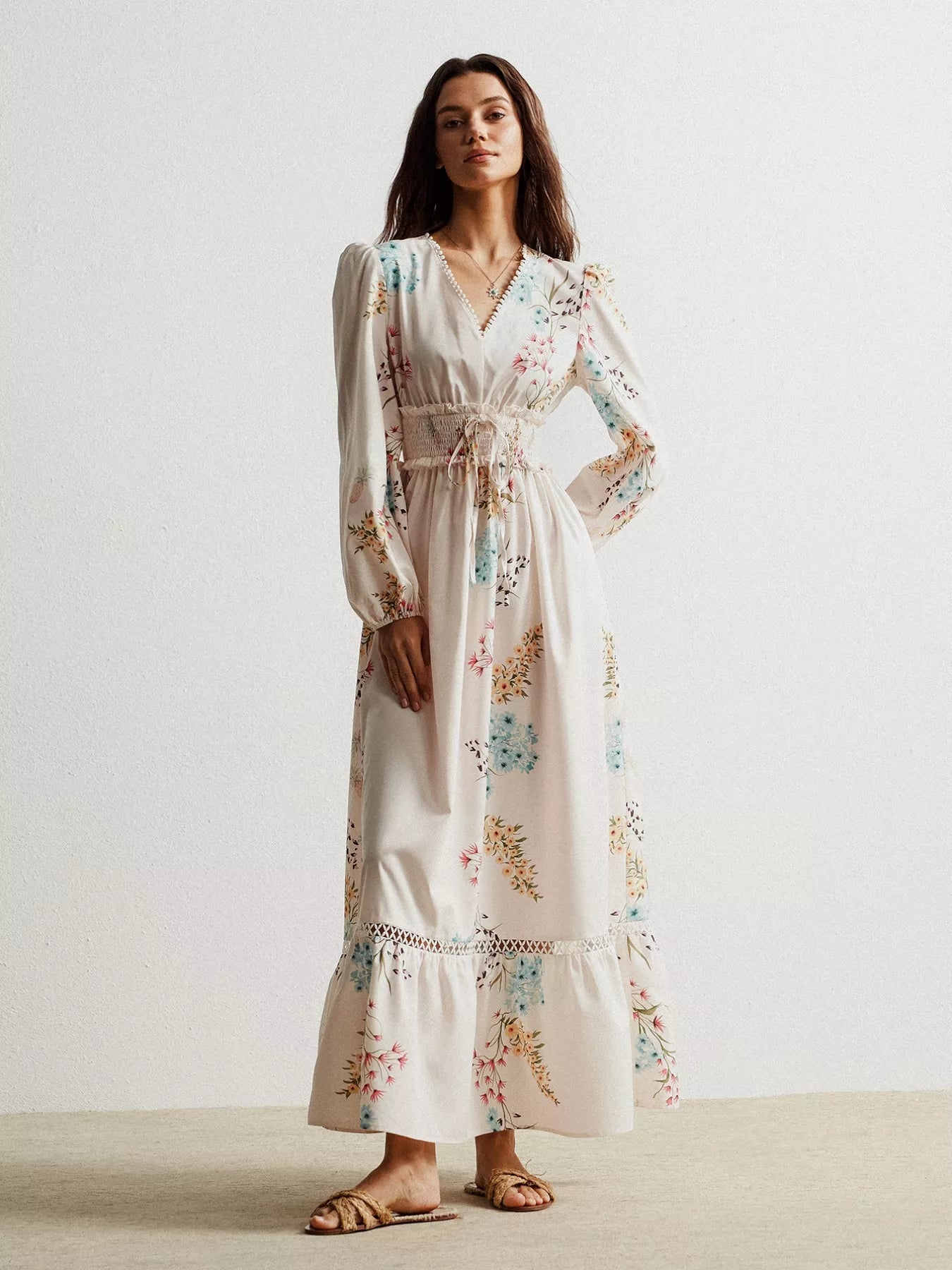 Floral Print Long Sleeve Maxi Dress with Smocked Waist - MAD RUFFI