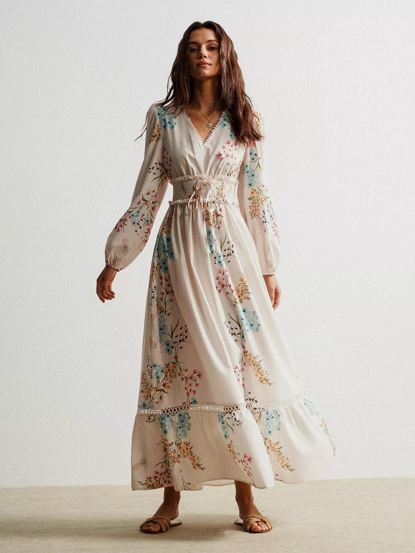 Floral Print Long Sleeve Maxi Dress with Smocked Waist - MAD RUFFI