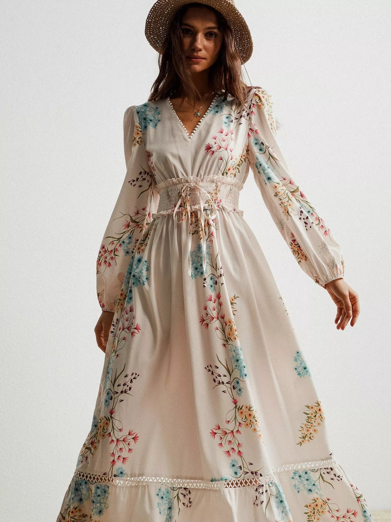 Floral Print Long Sleeve Maxi Dress with Smocked Waist - MAD RUFFI