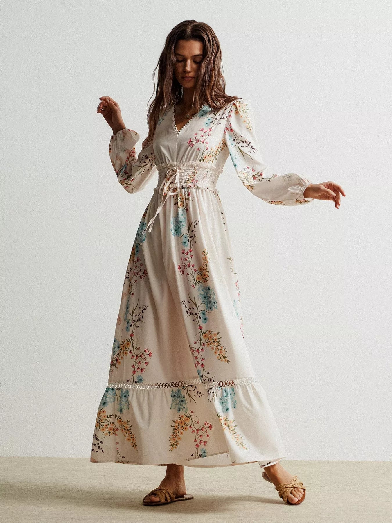 Floral Print Long Sleeve Maxi Dress with Smocked Waist - MAD RUFFI