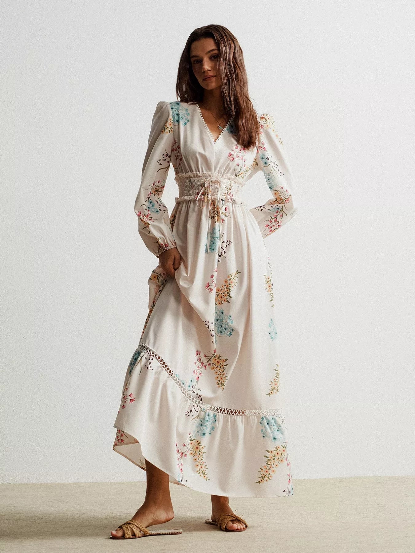Floral Print Long Sleeve Maxi Dress with Smocked Waist - MAD RUFFI