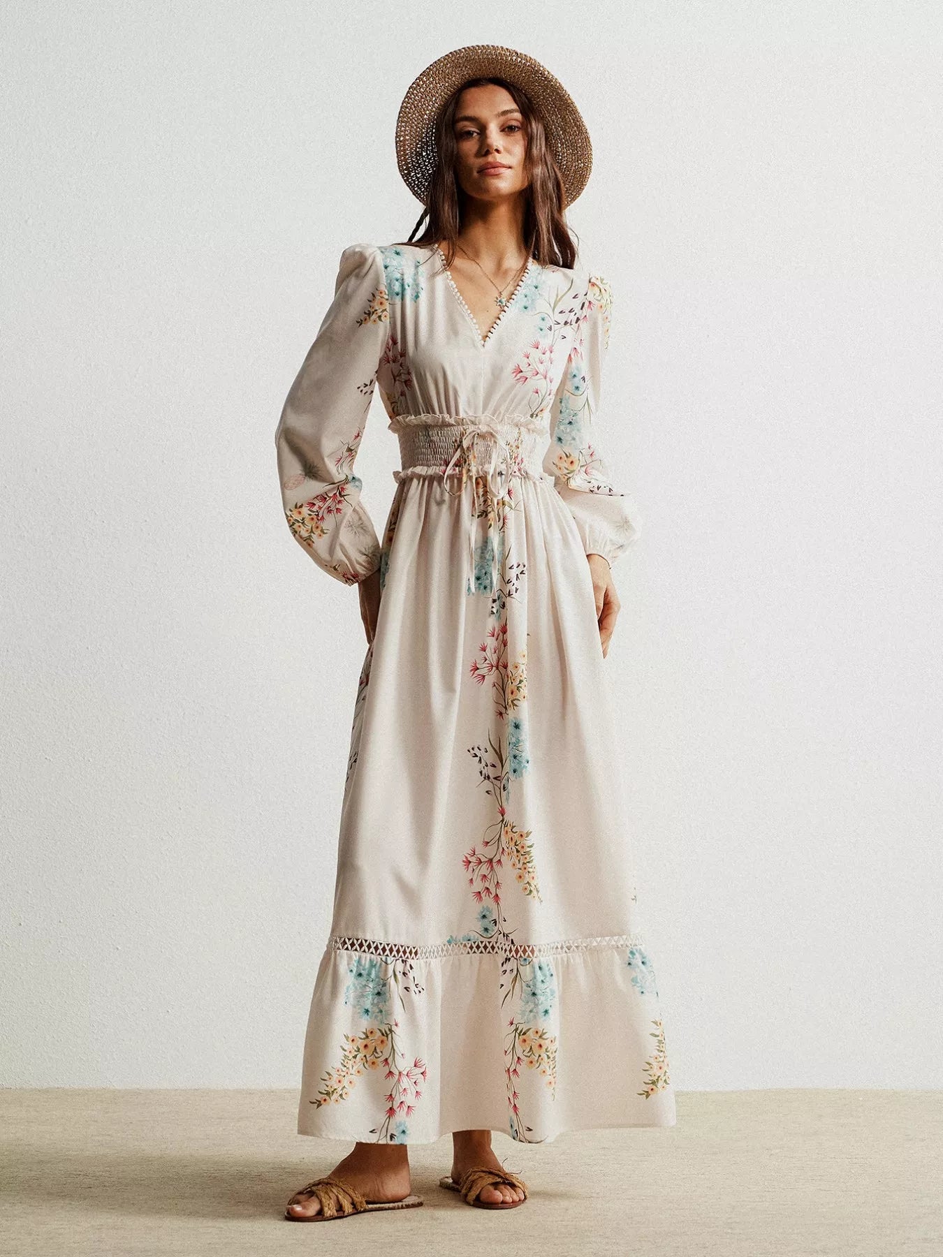 Floral Print Long Sleeve Maxi Dress with Smocked Waist - MAD RUFFI