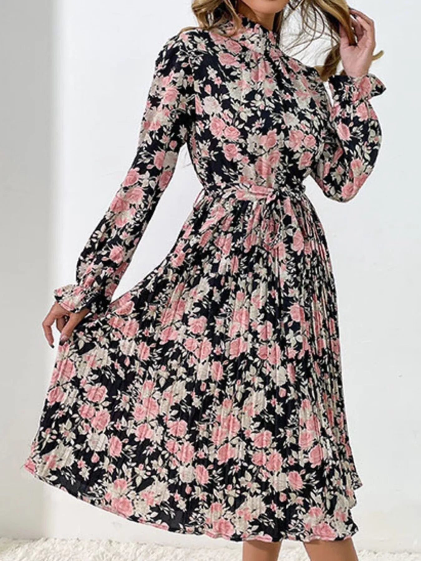 Floral Print Long Sleeve Pleated Midi Dress - MAD RUFFI
