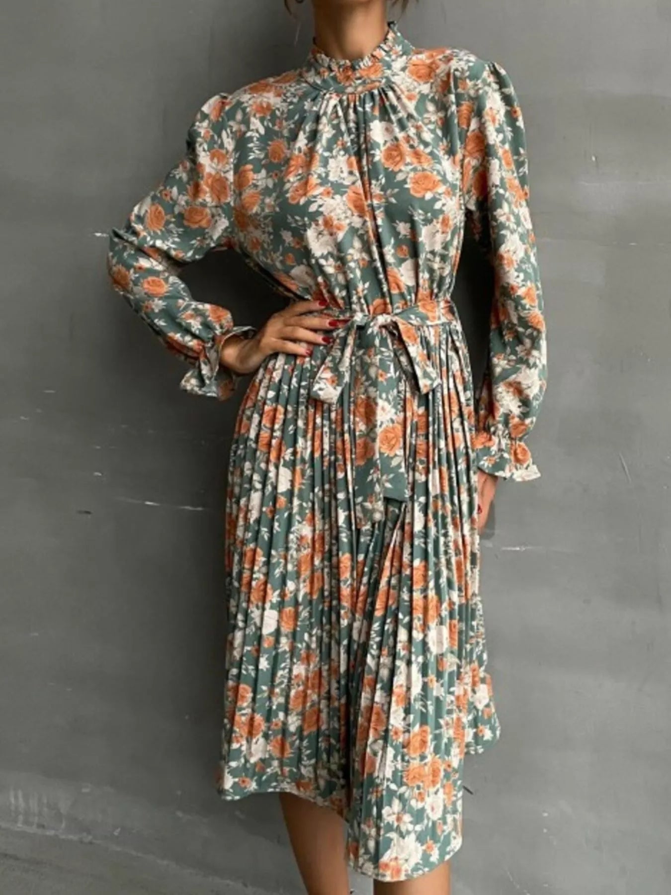 Floral Print Long Sleeve Pleated Midi Dress - MAD RUFFI