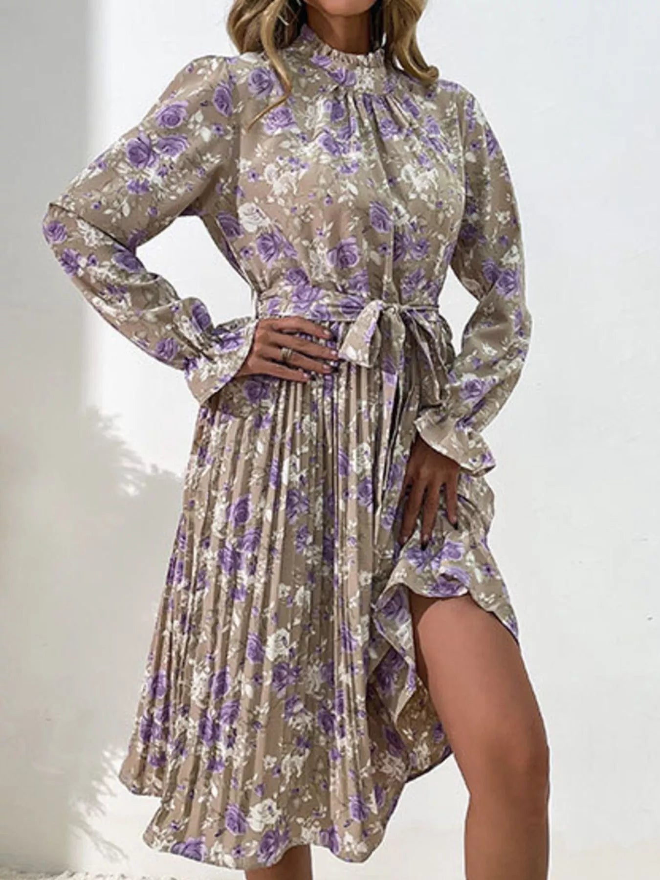 Floral Print Long Sleeve Pleated Midi Dress - MAD RUFFI