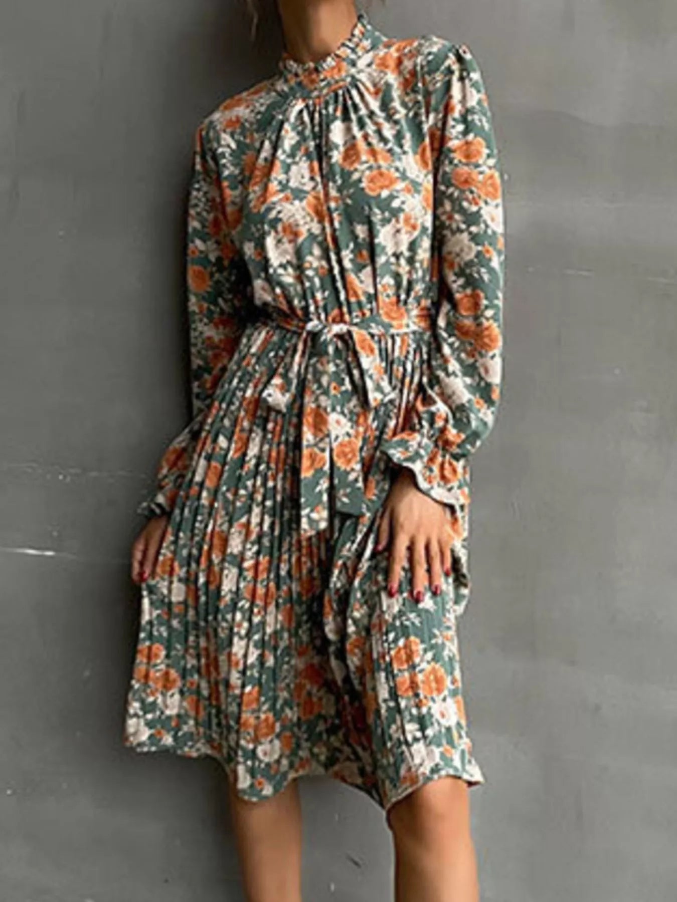 Floral Print Long Sleeve Pleated Midi Dress - MAD RUFFI