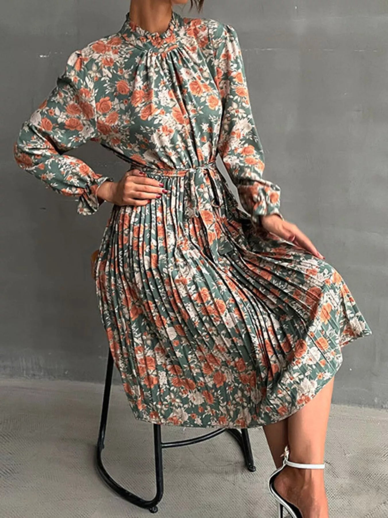 Floral Print Long Sleeve Pleated Midi Dress - MAD RUFFI