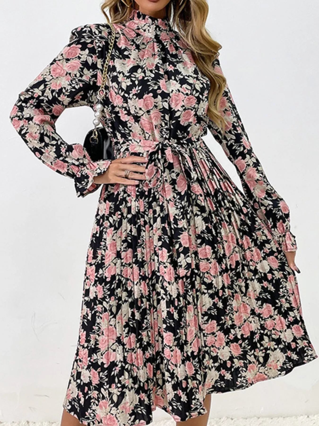 Floral Print Long Sleeve Pleated Midi Dress - MAD RUFFI
