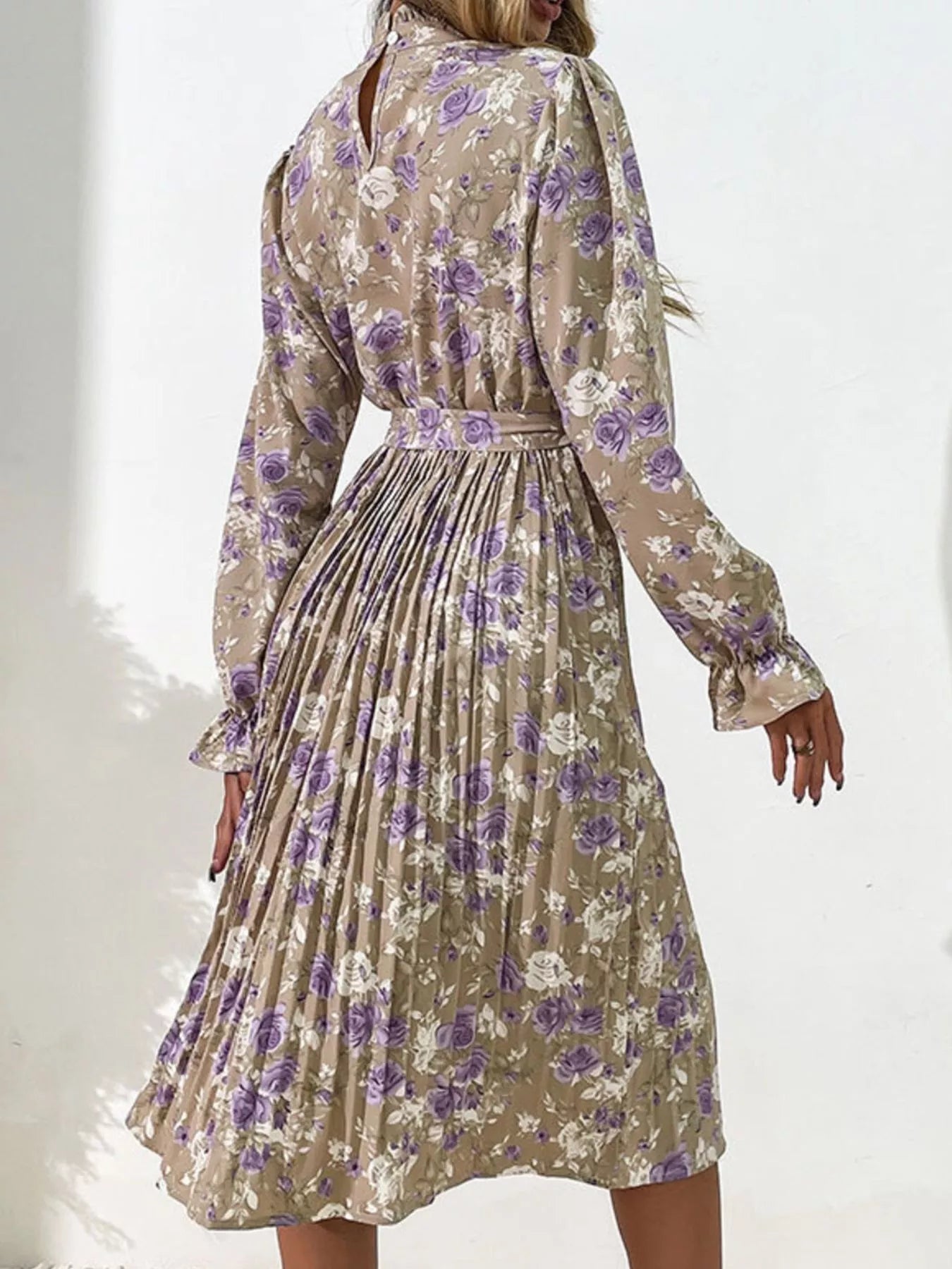 Floral Print Long Sleeve Pleated Midi Dress - MAD RUFFI