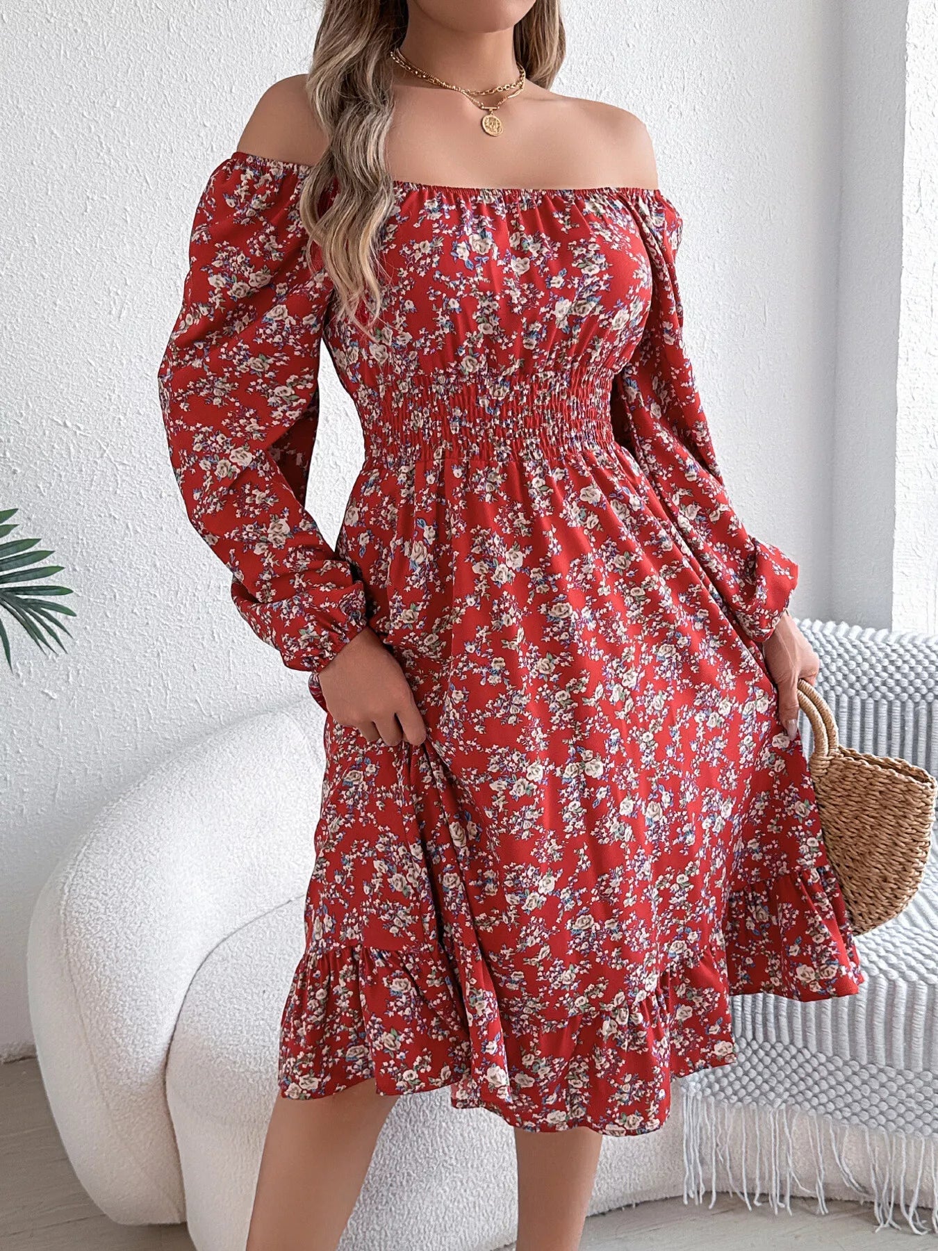 Floral Print Long Sleeve Square Neck Midi Dress - MAD RUFFI