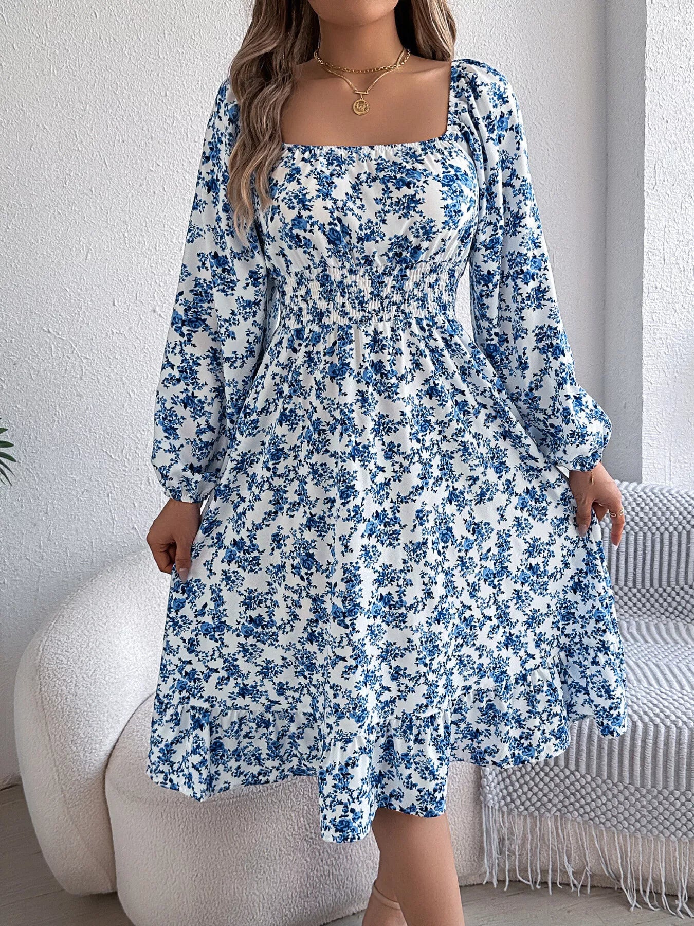 Floral Print Long Sleeve Square Neck Midi Dress - MAD RUFFI