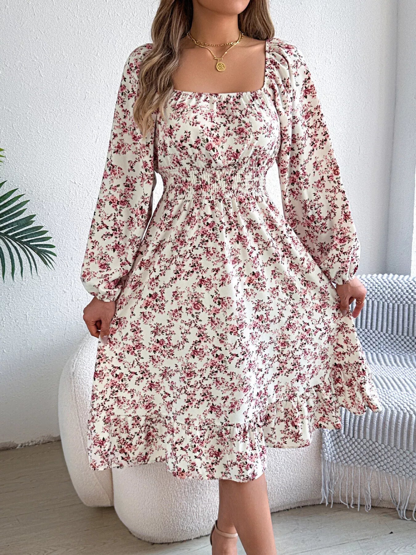 Floral Print Long Sleeve Square Neck Midi Dress - MAD RUFFI