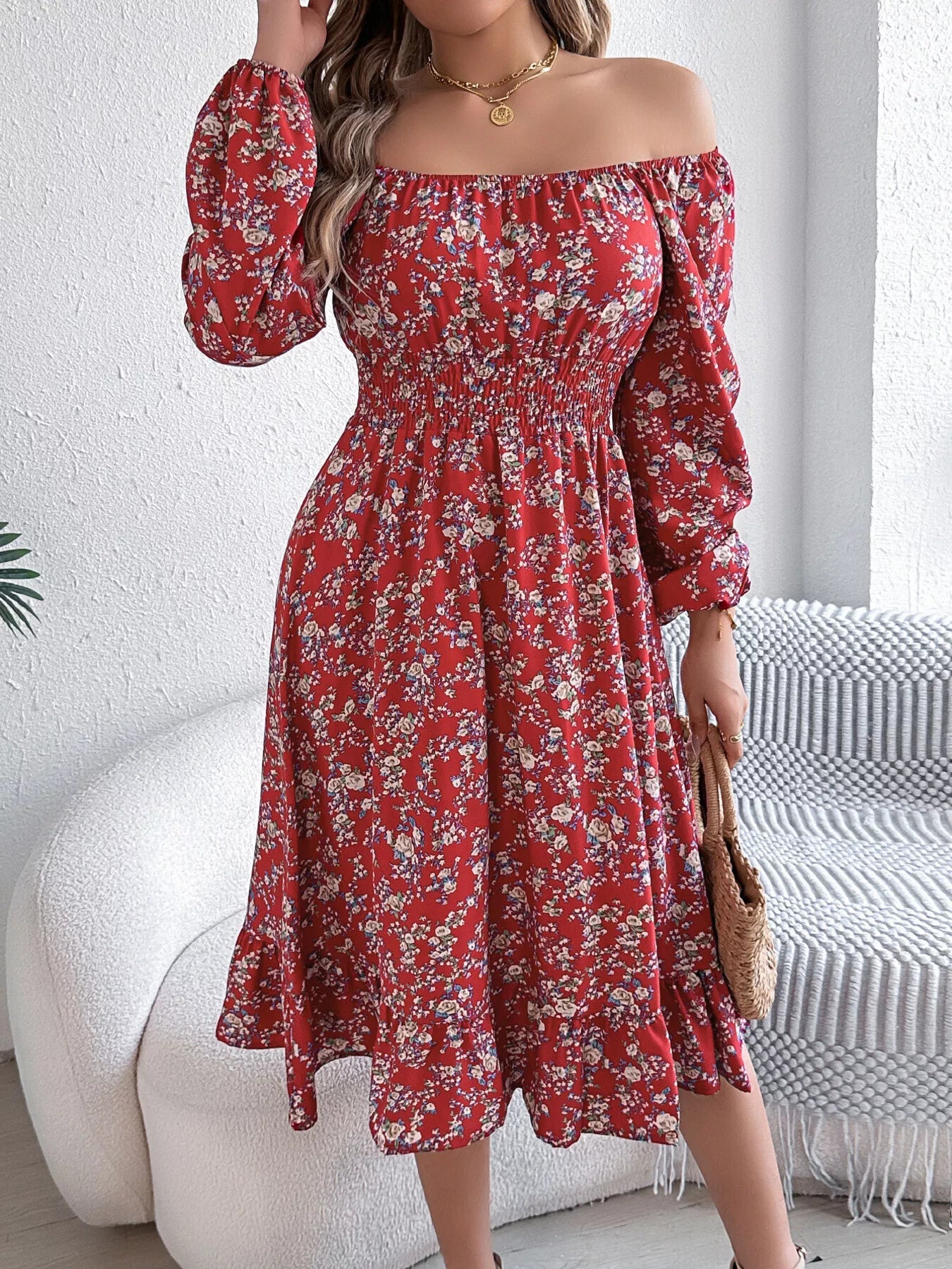 Floral Print Long Sleeve Square Neck Midi Dress - MAD RUFFI