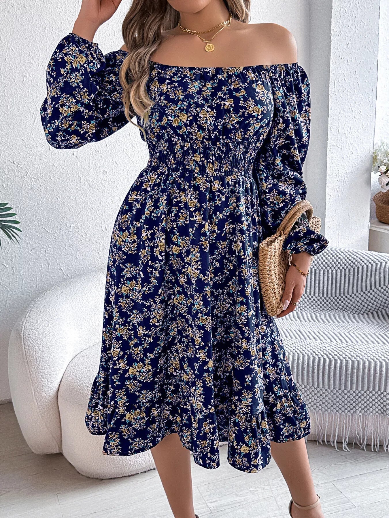 Floral Print Long Sleeve Square Neck Midi Dress - MAD RUFFI