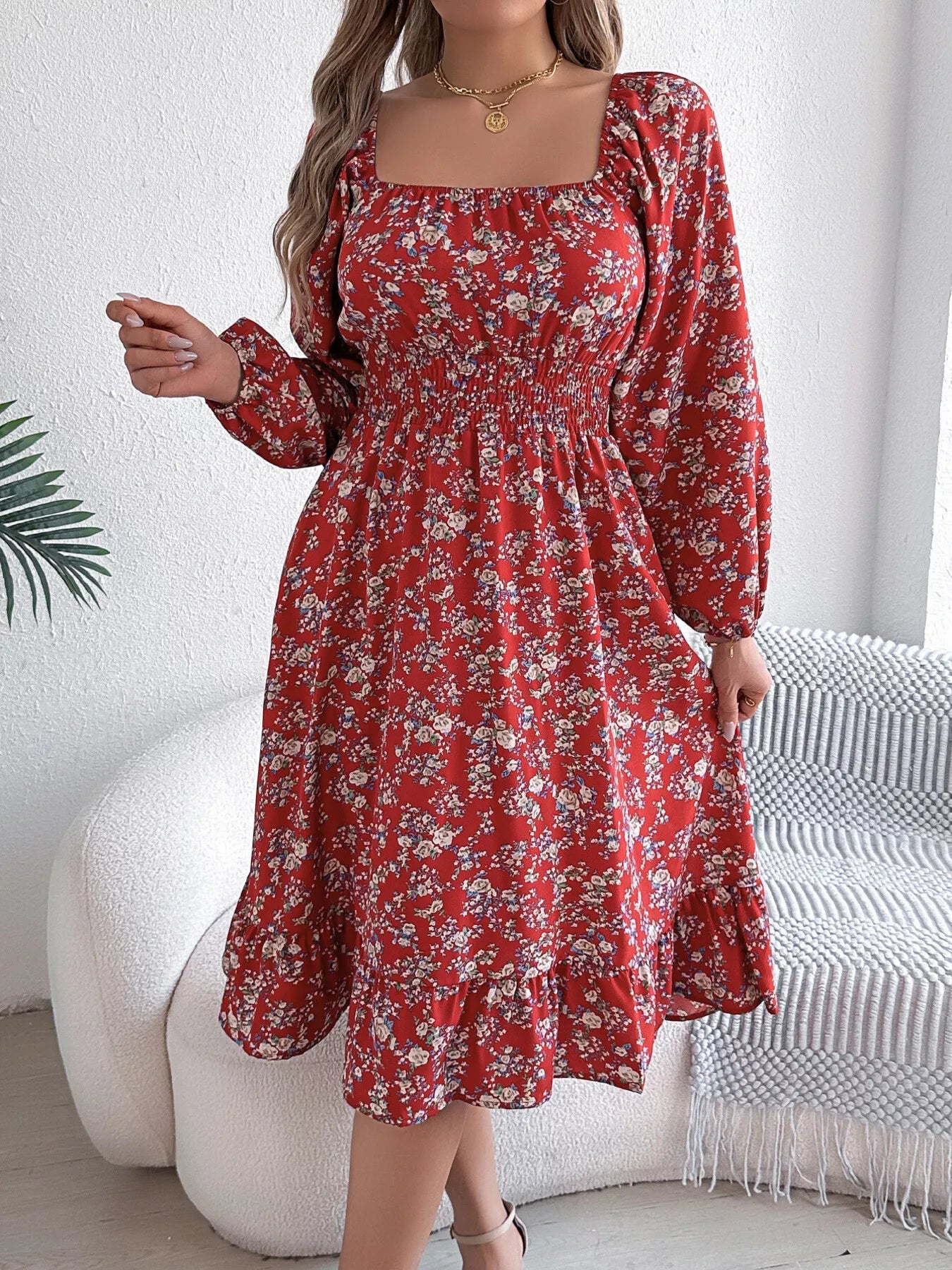 Floral Print Long Sleeve Square Neck Midi Dress - MAD RUFFI