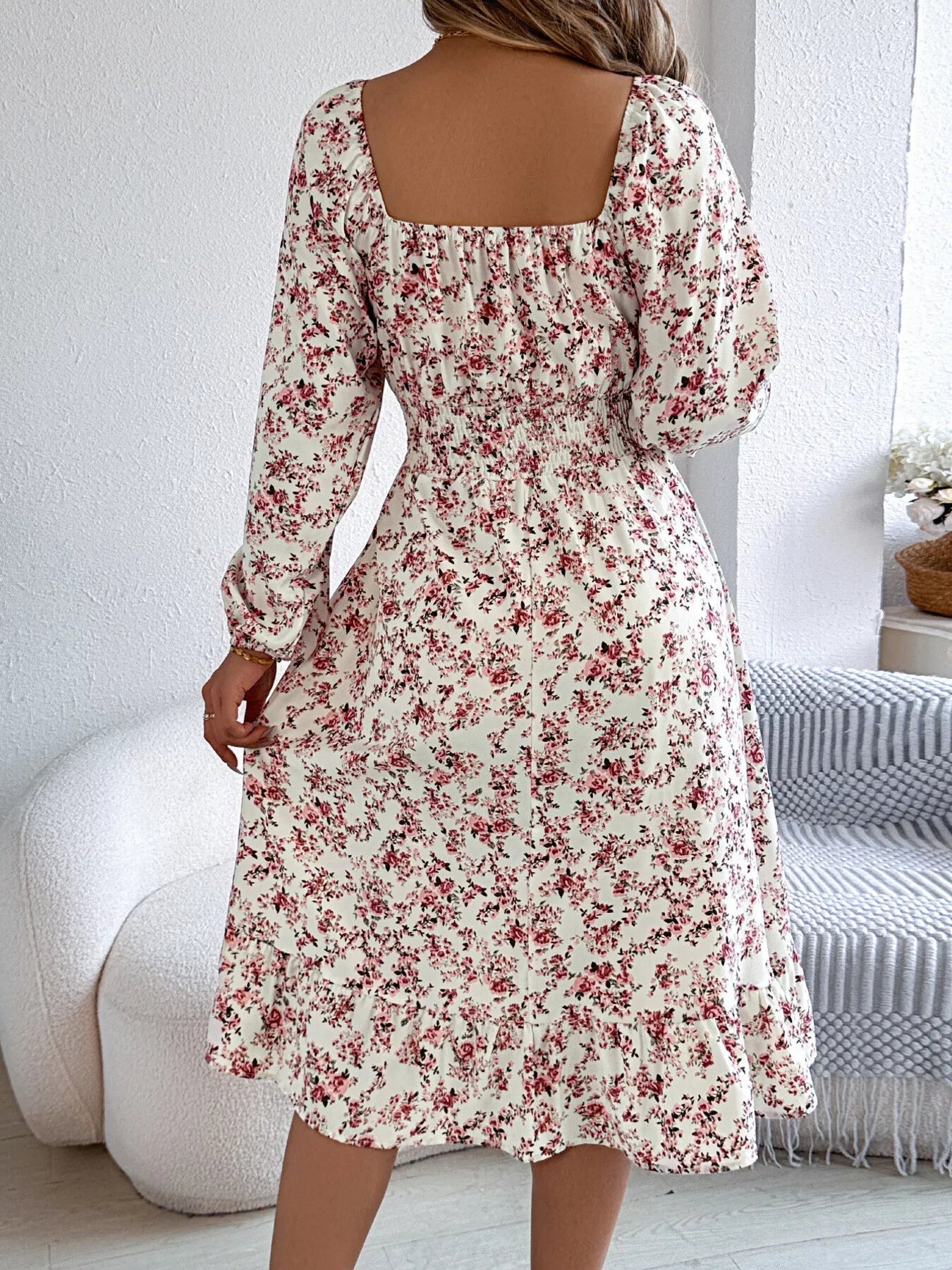 Floral Print Long Sleeve Square Neck Midi Dress - MAD RUFFI