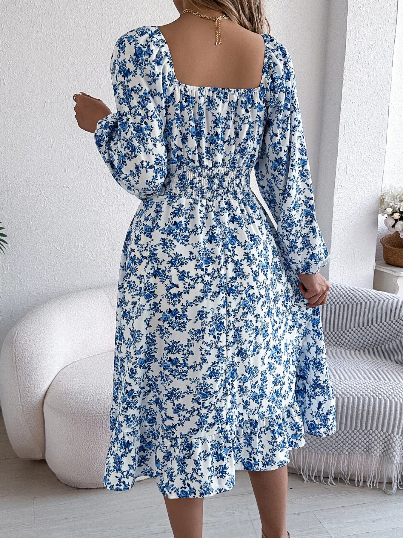 Floral Print Long Sleeve Square Neck Midi Dress - MAD RUFFI