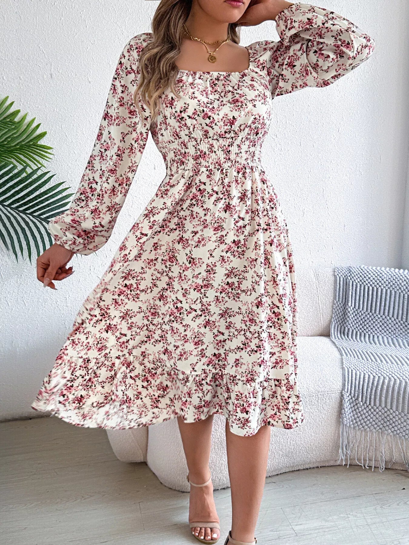 Floral Print Long Sleeve Square Neck Midi Dress - MAD RUFFI