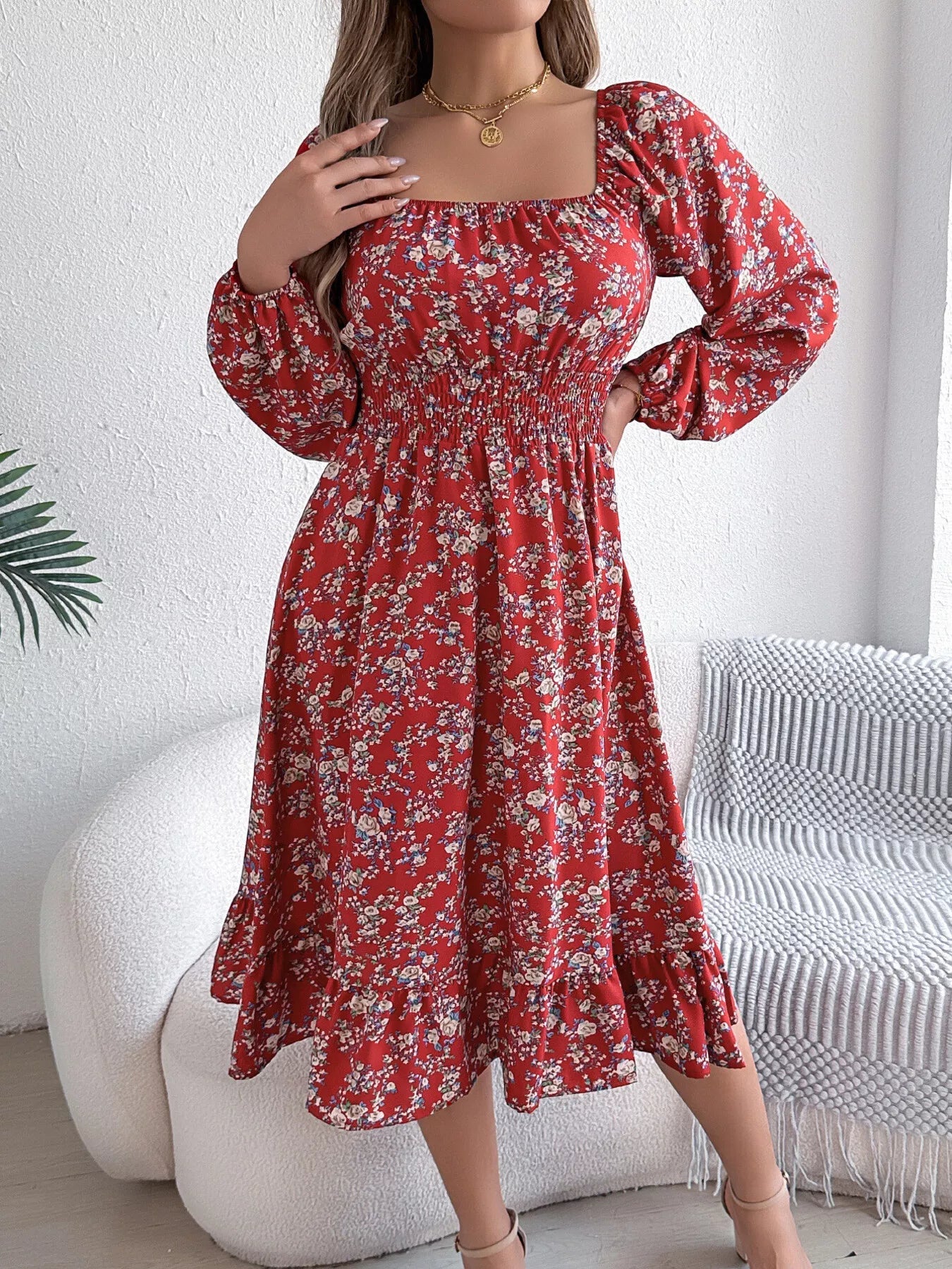 Floral Print Long Sleeve Square Neck Midi Dress - MAD RUFFI