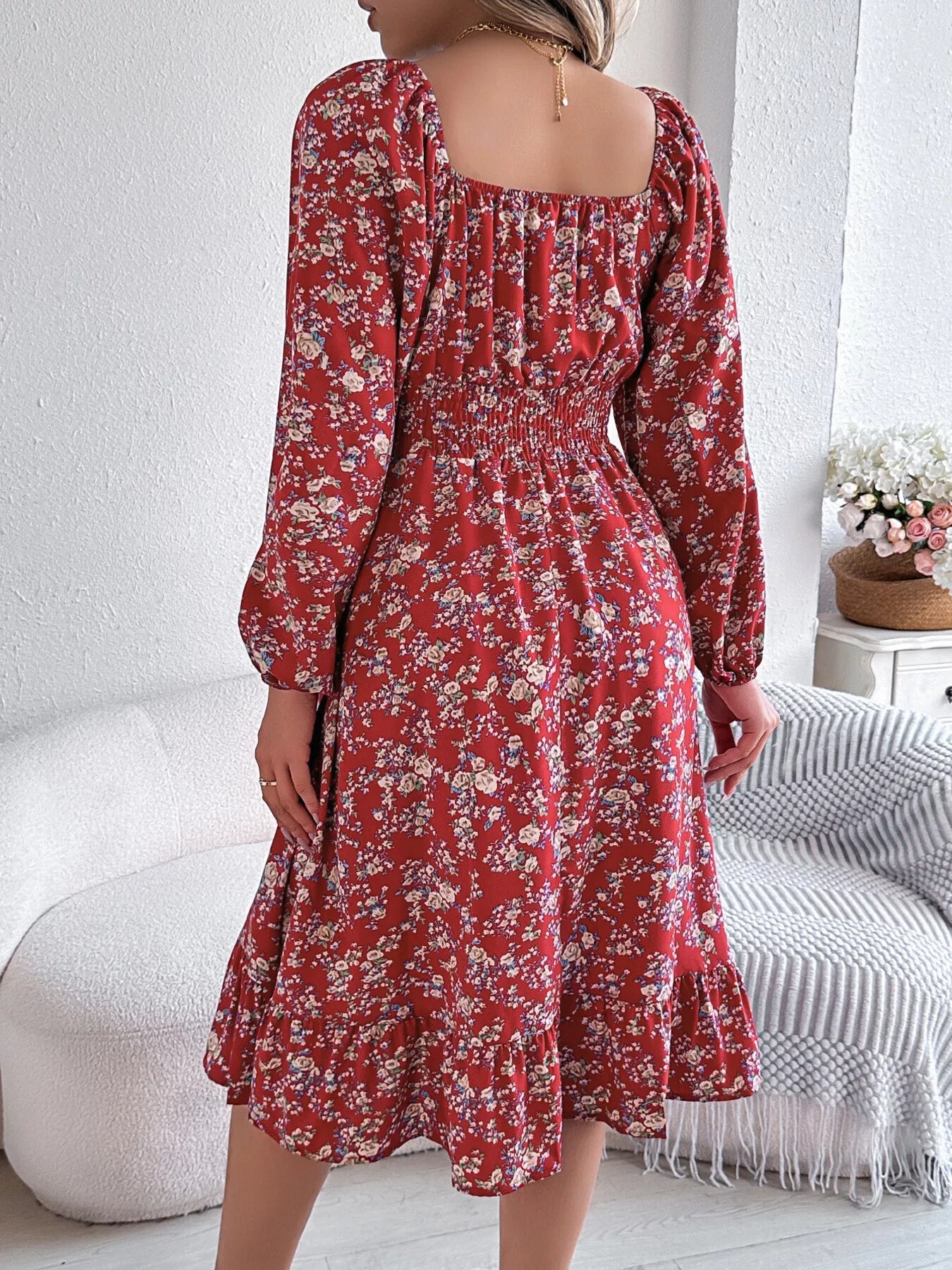 Floral Print Long Sleeve Square Neck Midi Dress - MAD RUFFI