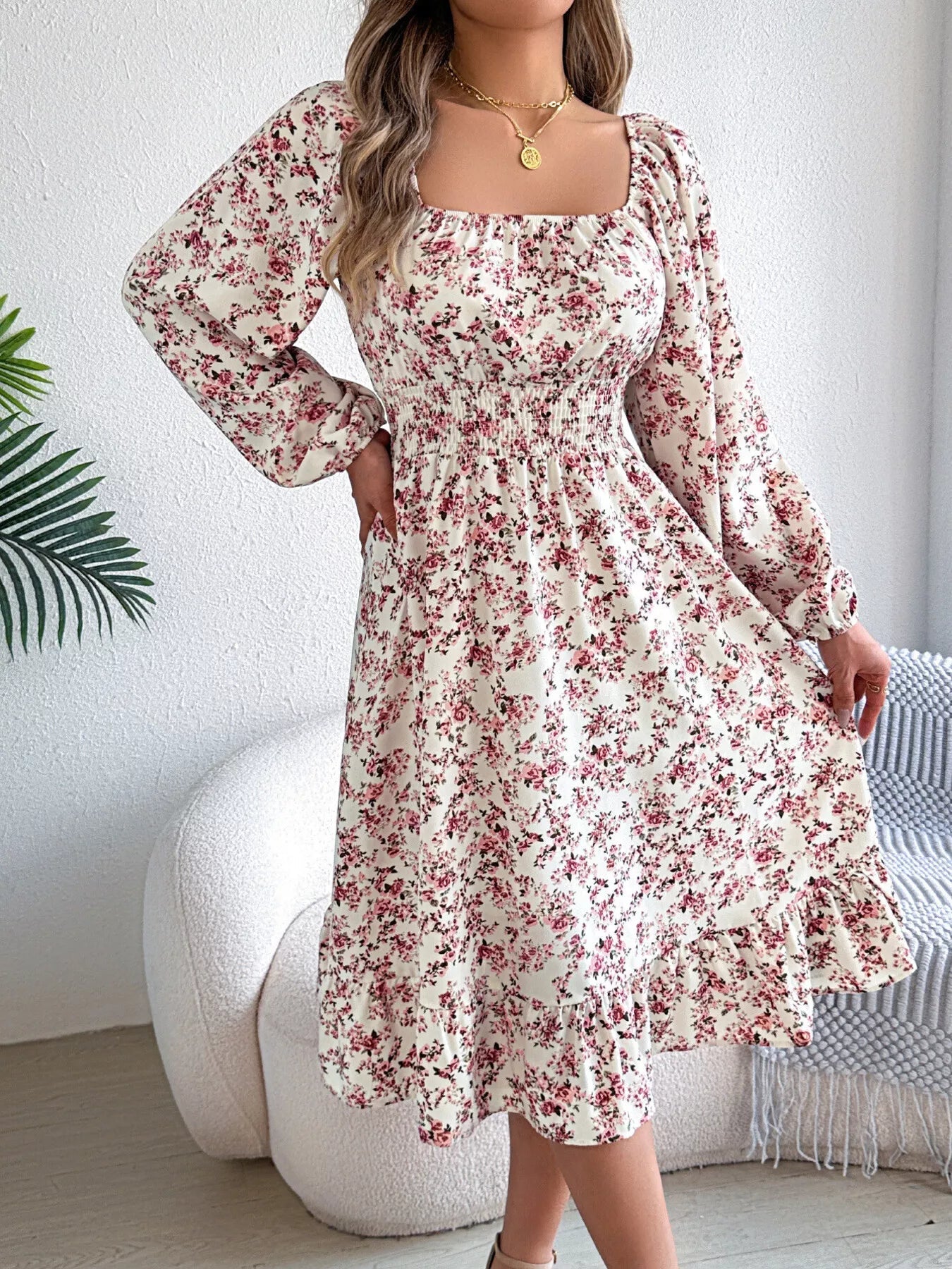 Floral Print Long Sleeve Square Neck Midi Dress - MAD RUFFI