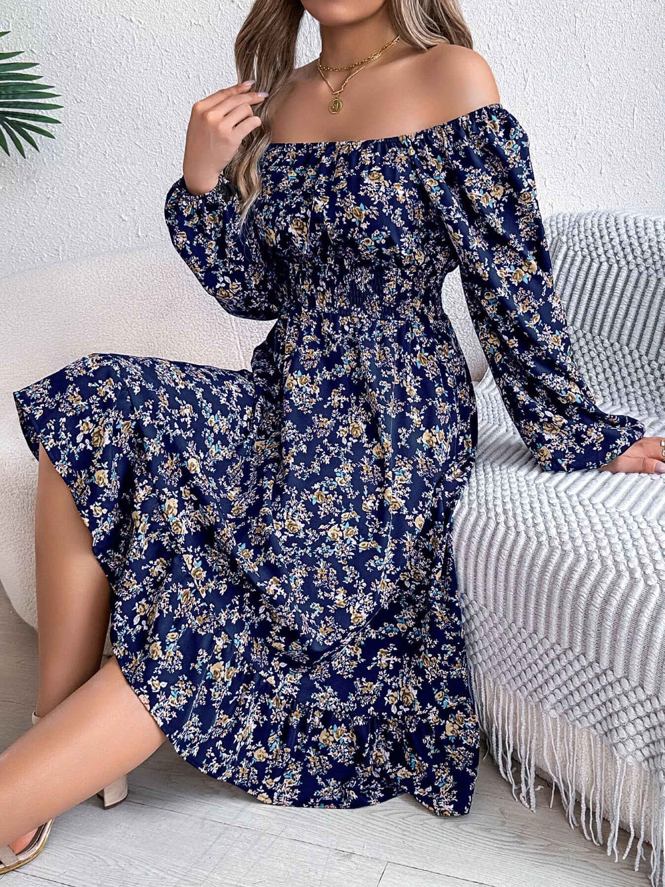 Floral Print Long Sleeve Square Neck Midi Dress - MAD RUFFI