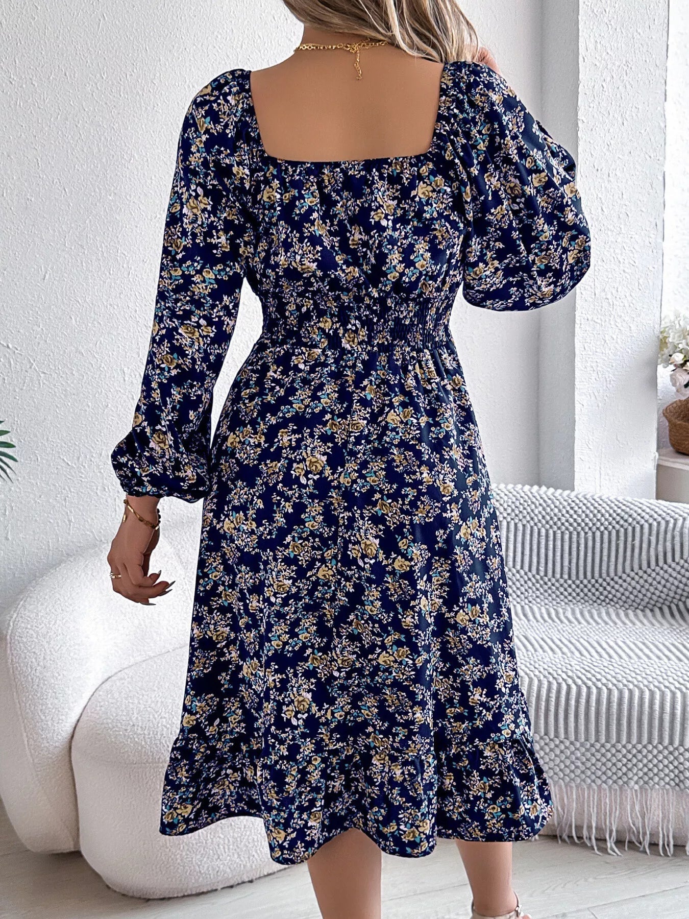 Floral Print Long Sleeve Square Neck Midi Dress - MAD RUFFI