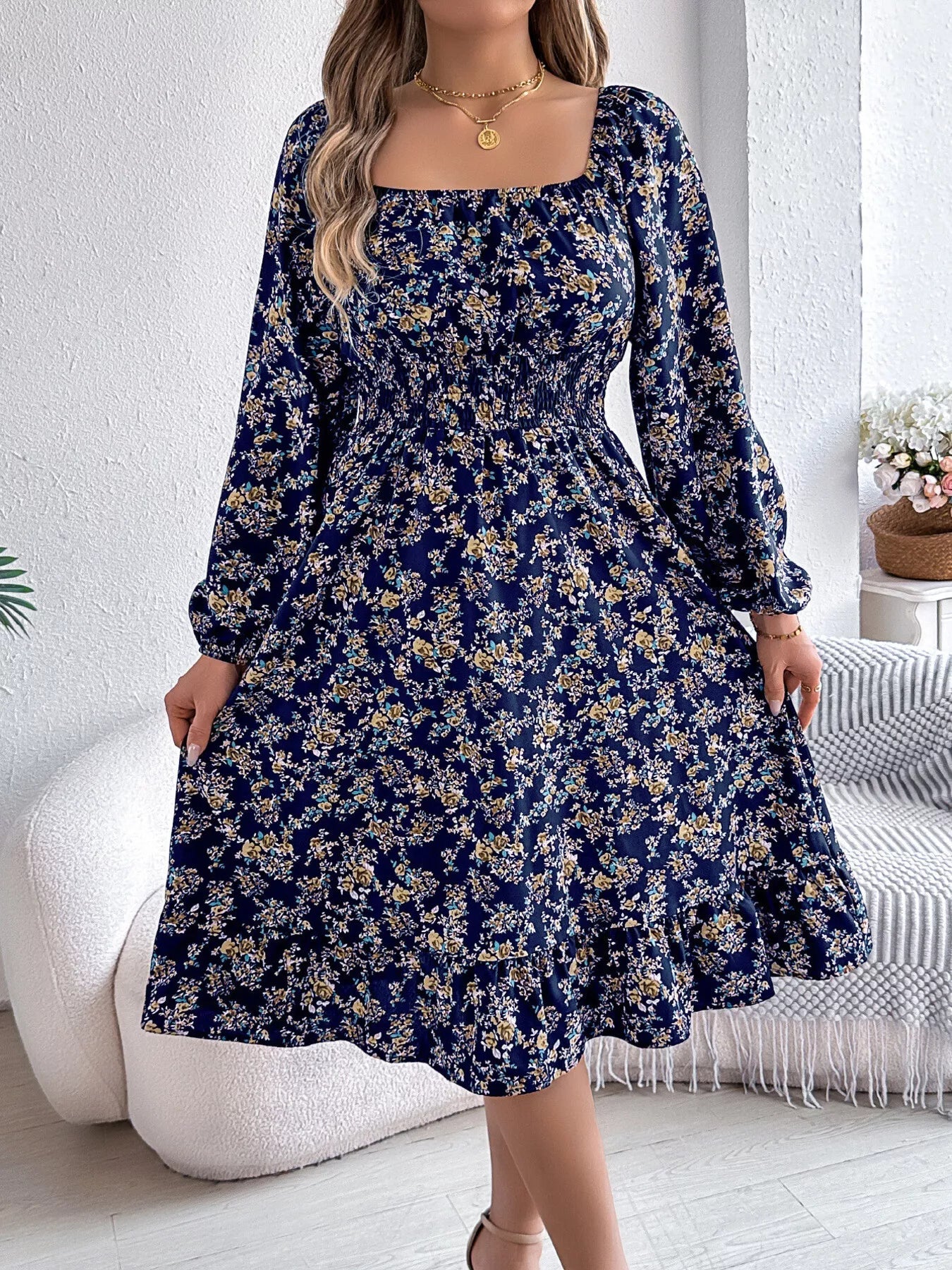 Floral Print Long Sleeve Square Neck Midi Dress - MAD RUFFI