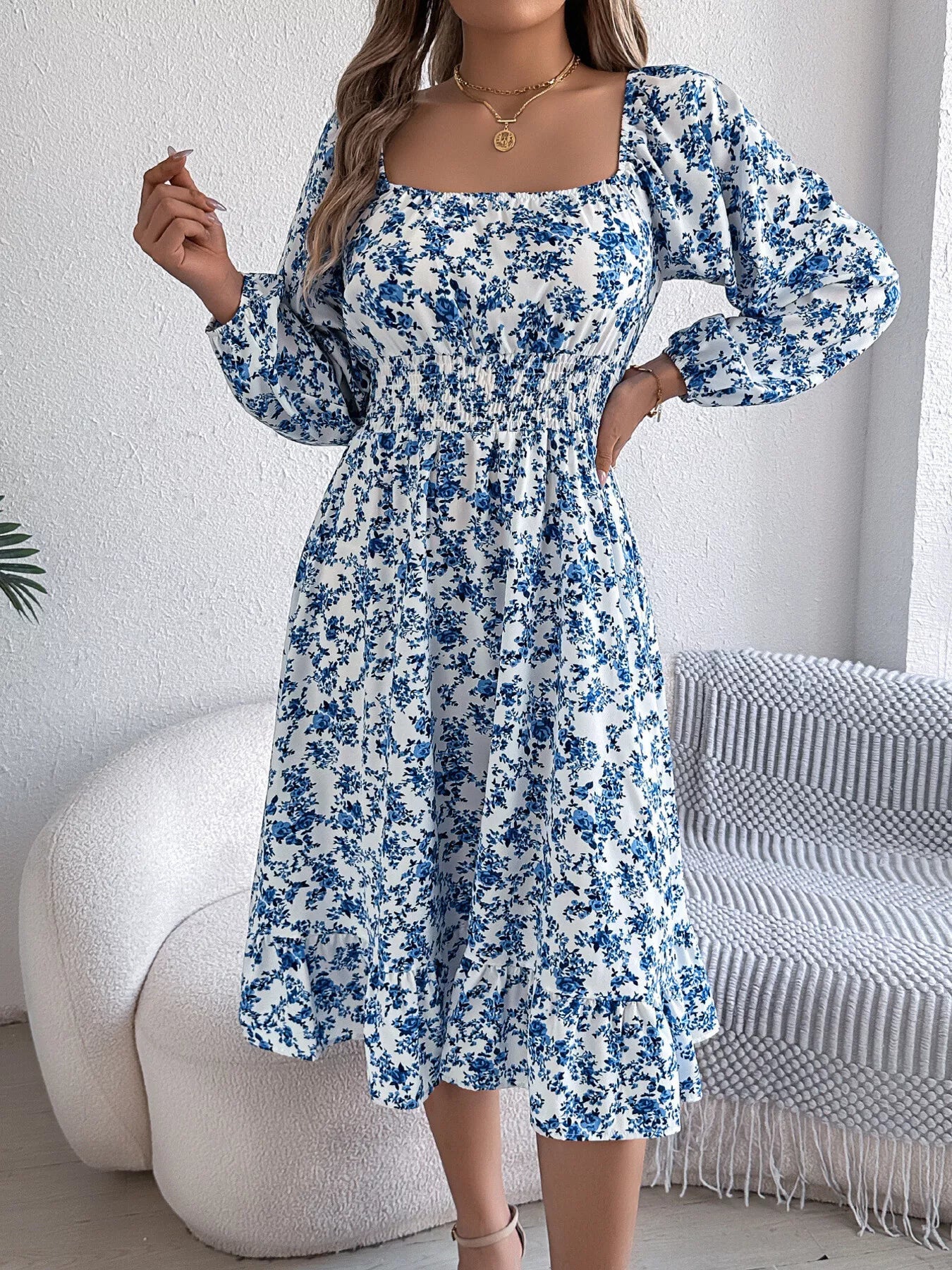 Floral Print Long Sleeve Square Neck Midi Dress - MAD RUFFI