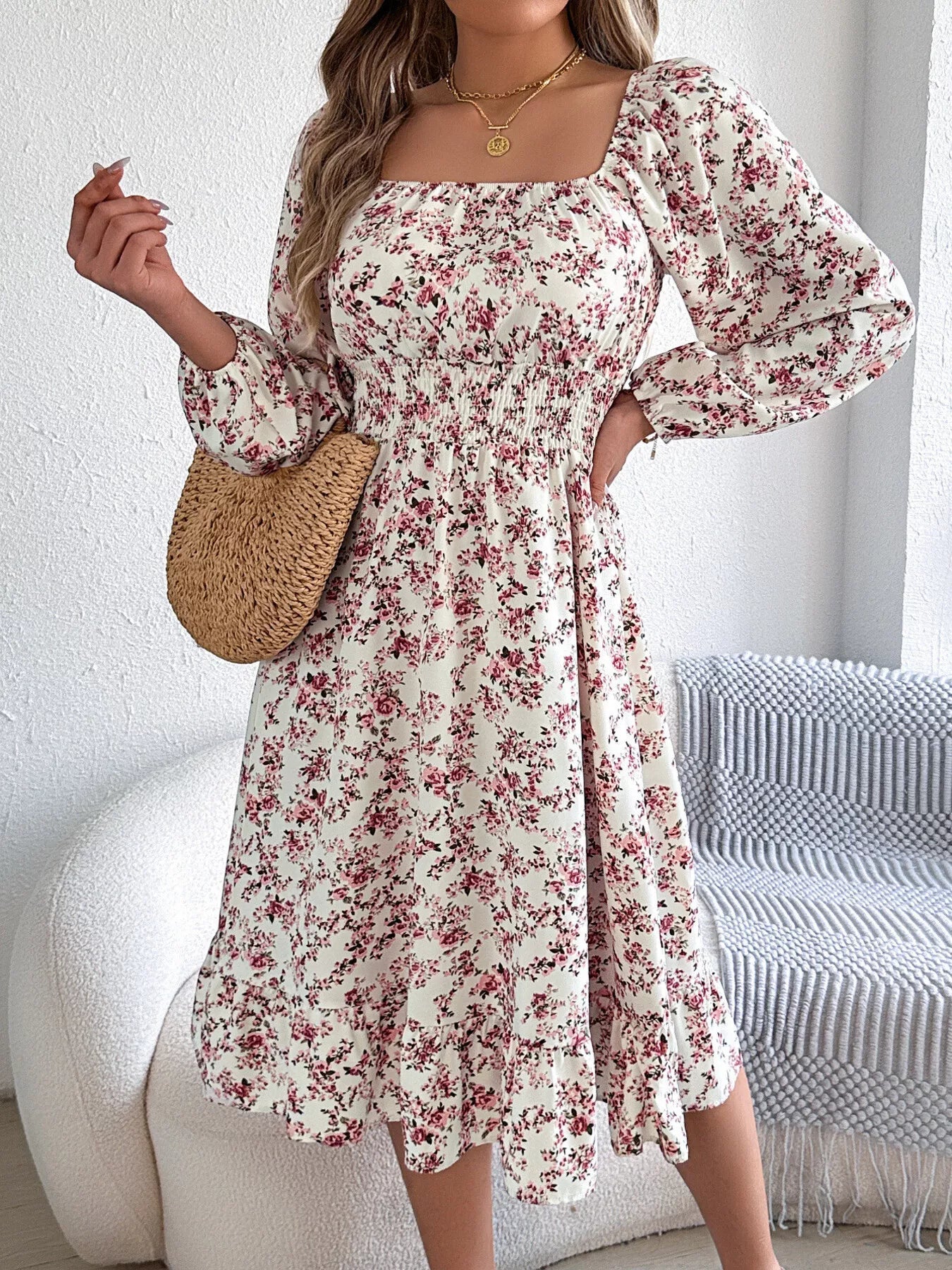 Floral Print Long Sleeve Square Neck Midi Dress - MAD RUFFI