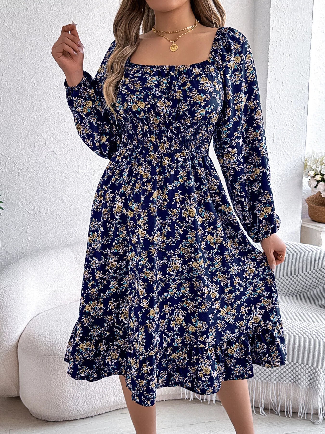 Floral Print Long Sleeve Square Neck Midi Dress - MAD RUFFI