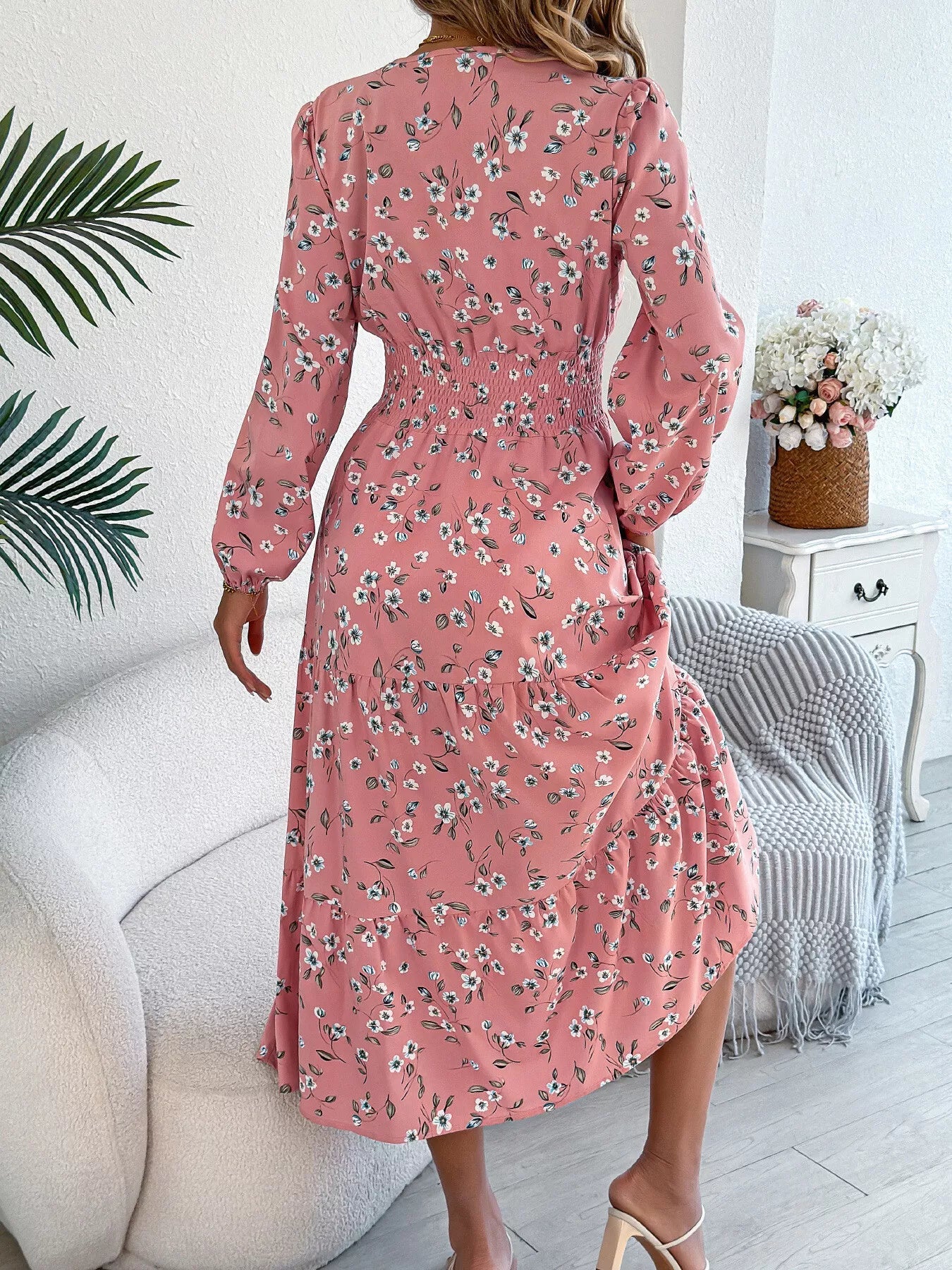 Floral Print Long Sleeve V - Neck Midi Dress - MAD RUFFI