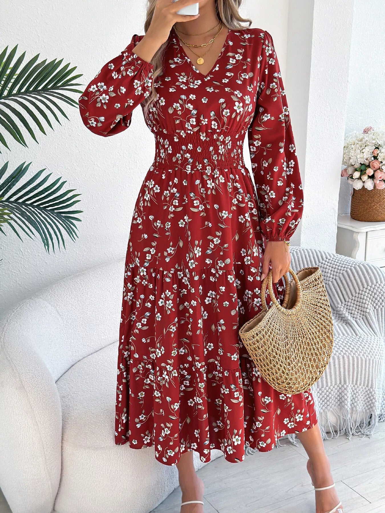 Floral Print Long Sleeve V - Neck Midi Dress - MAD RUFFI