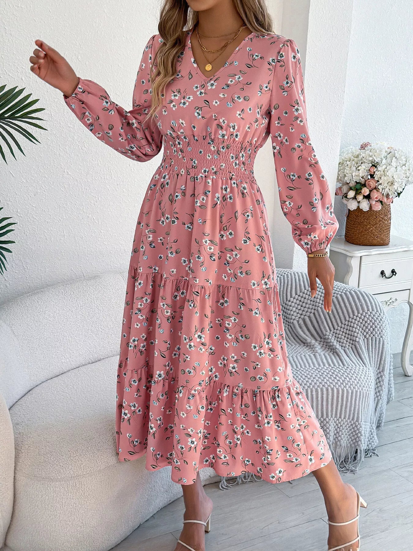 Floral Print Long Sleeve V - Neck Midi Dress - MAD RUFFI