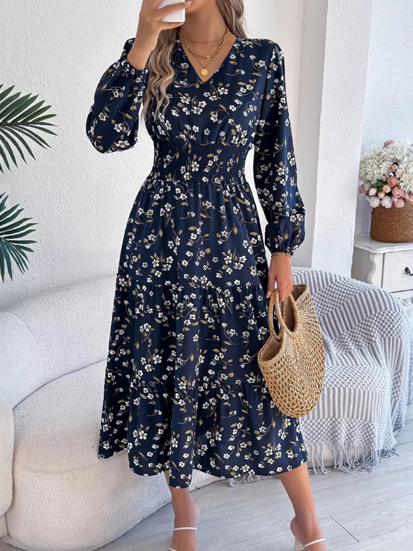 Floral Print Long Sleeve V - Neck Midi Dress - MAD RUFFI