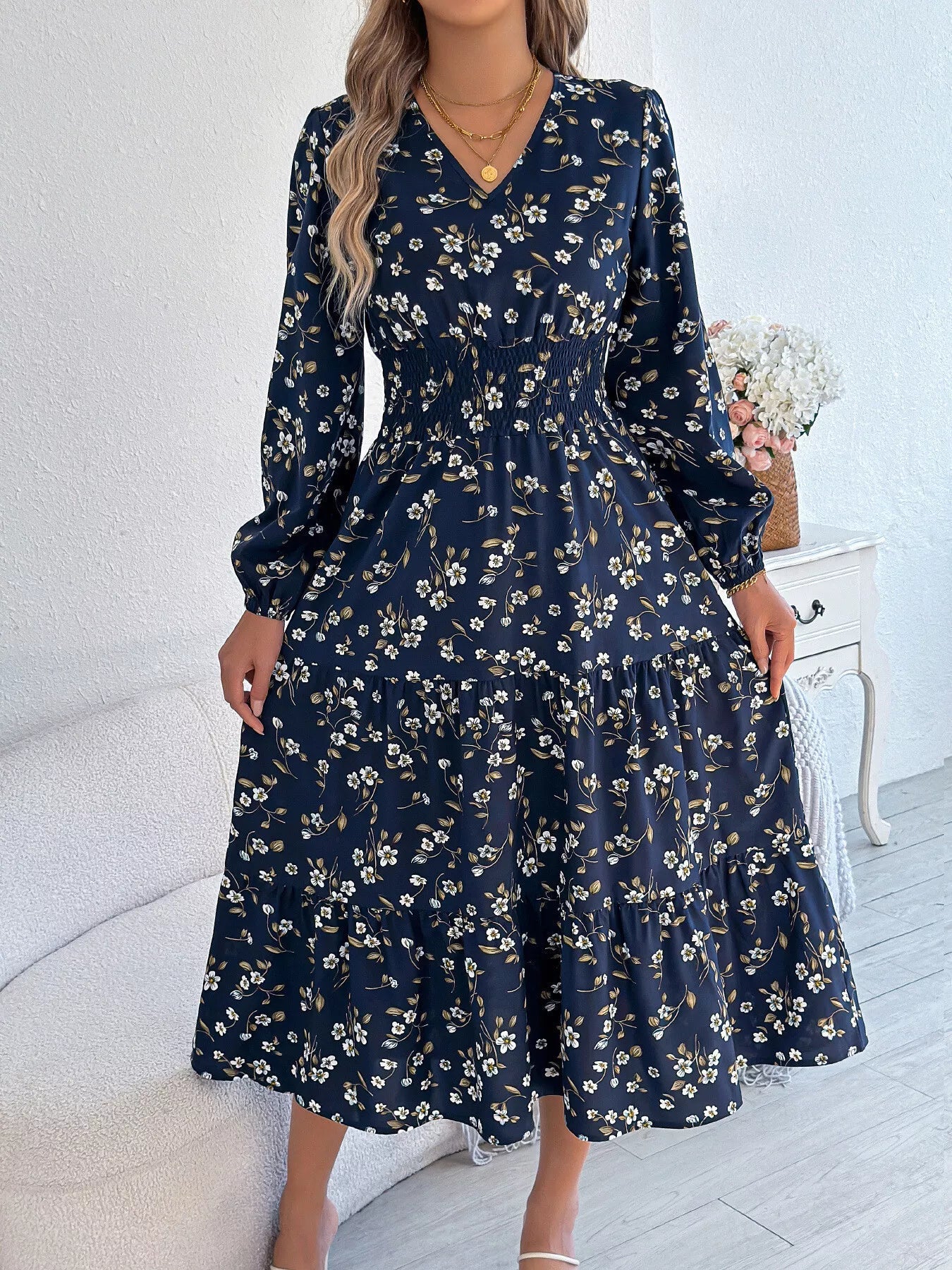 Floral Print Long Sleeve V - Neck Midi Dress - MAD RUFFI