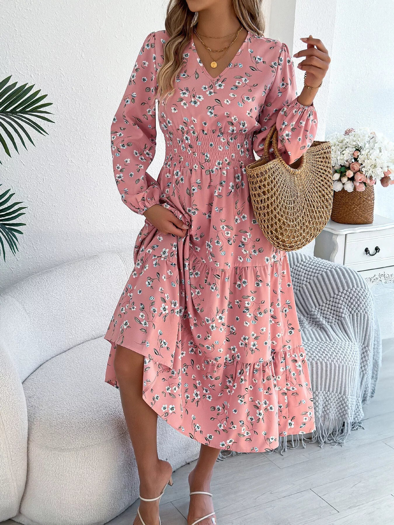 Floral Print Long Sleeve V - Neck Midi Dress - MAD RUFFI