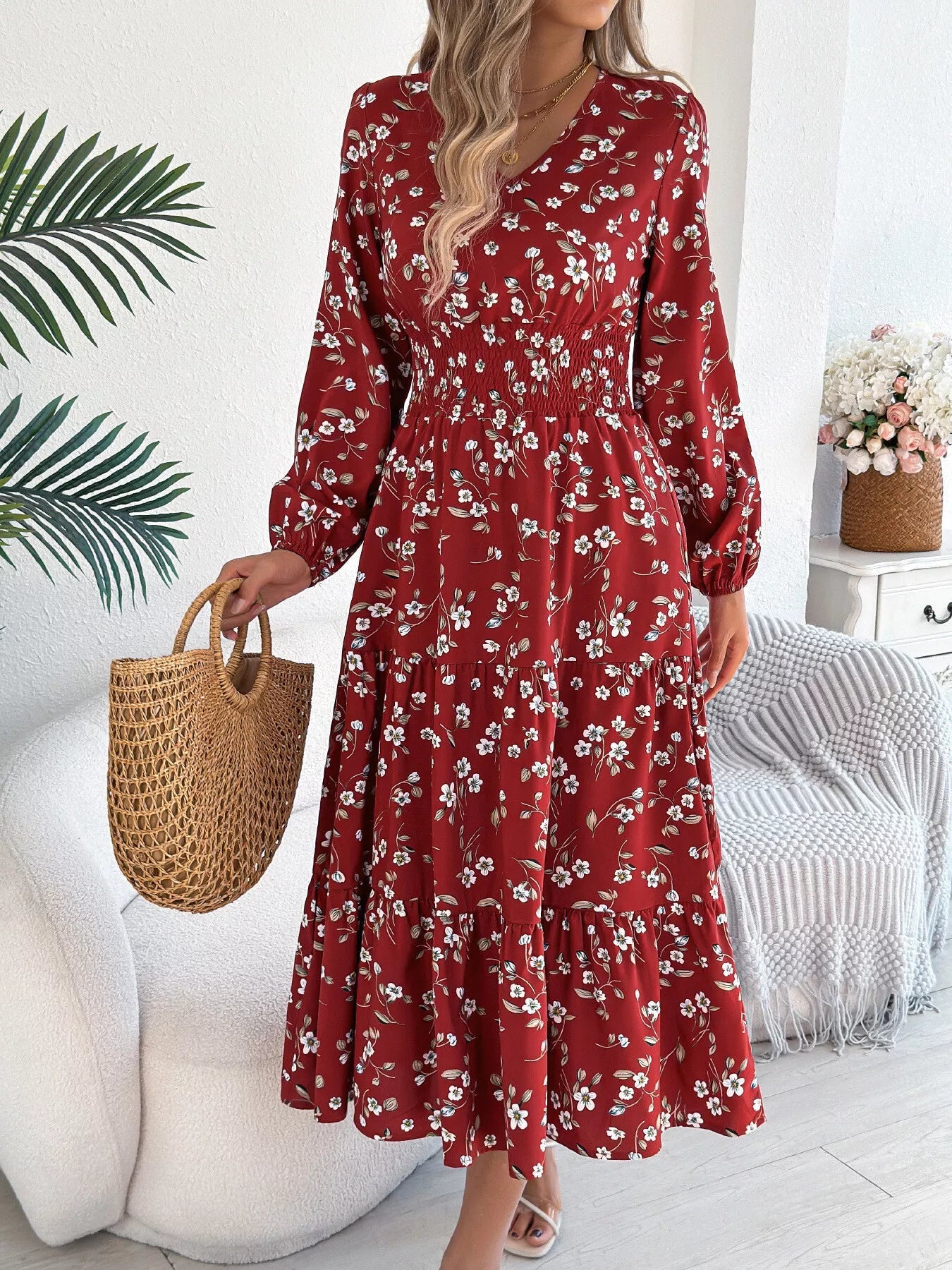 Floral Print Long Sleeve V - Neck Midi Dress - MAD RUFFI
