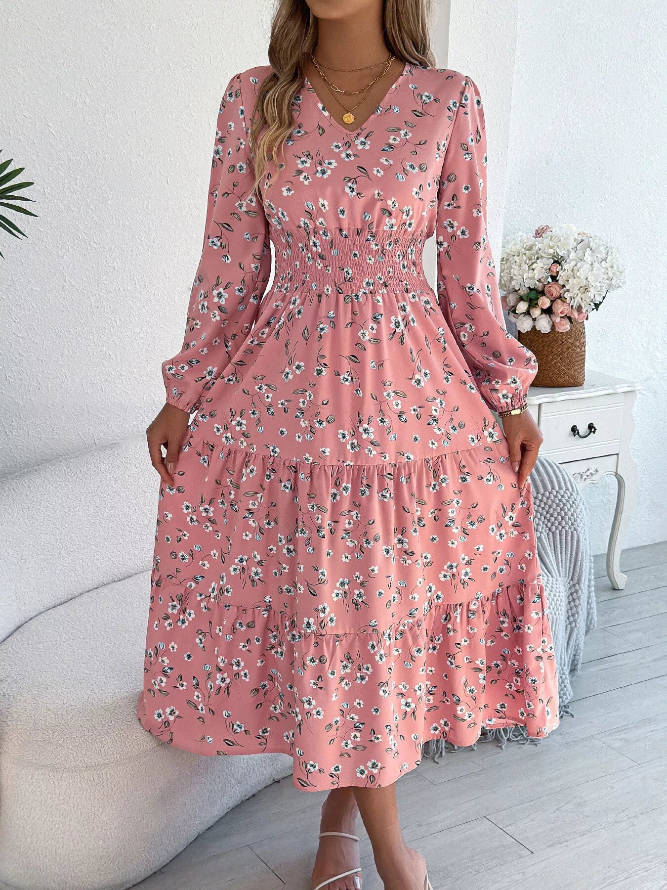 Floral Print Long Sleeve V - Neck Midi Dress - MAD RUFFI