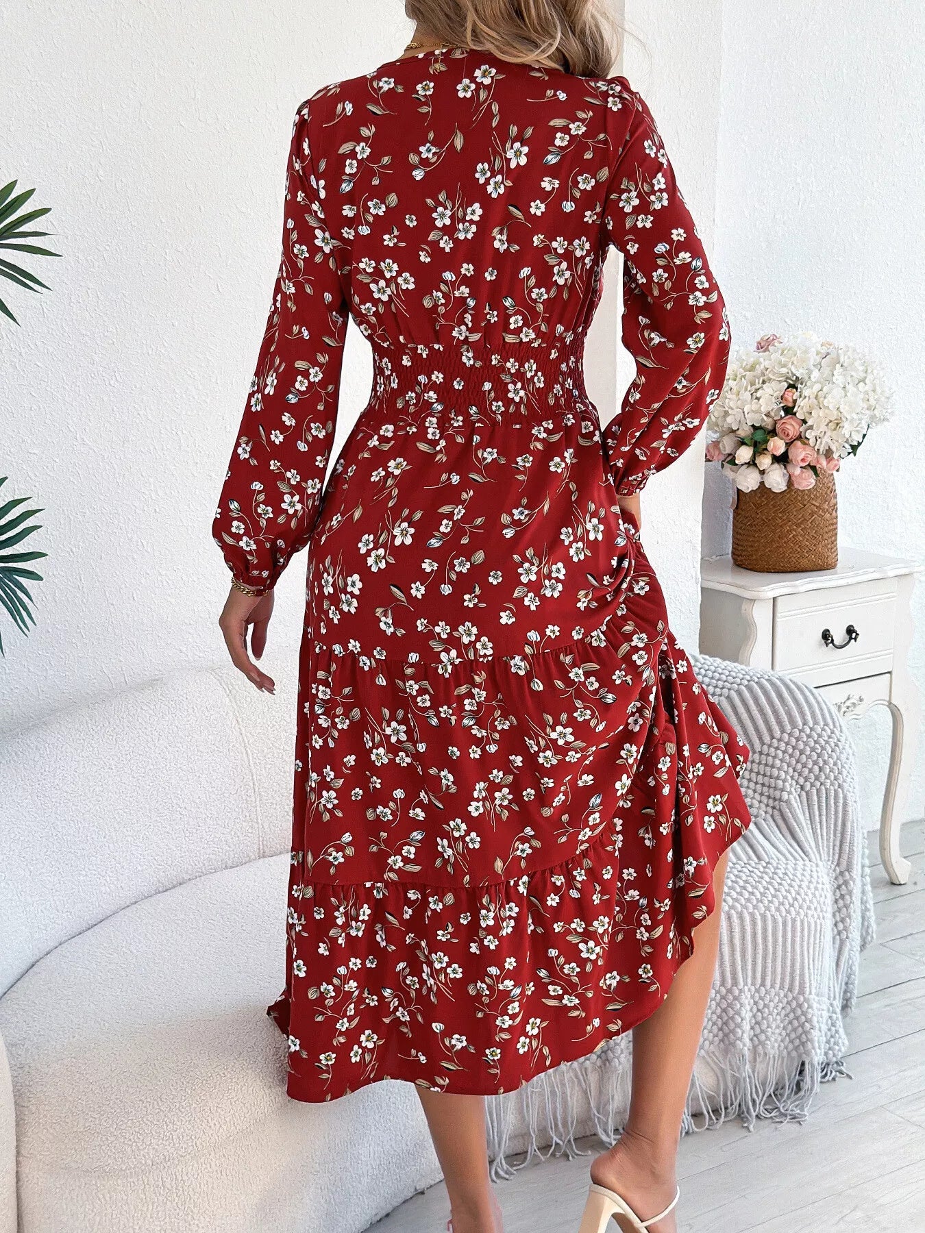 Floral Print Long Sleeve V - Neck Midi Dress - MAD RUFFI