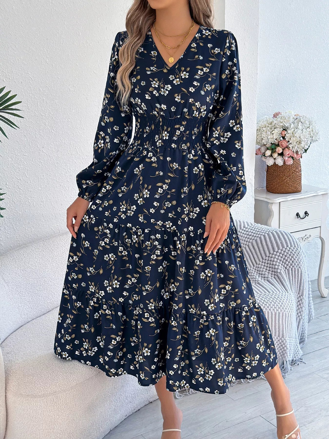 Floral Print Long Sleeve V - Neck Midi Dress - MAD RUFFI