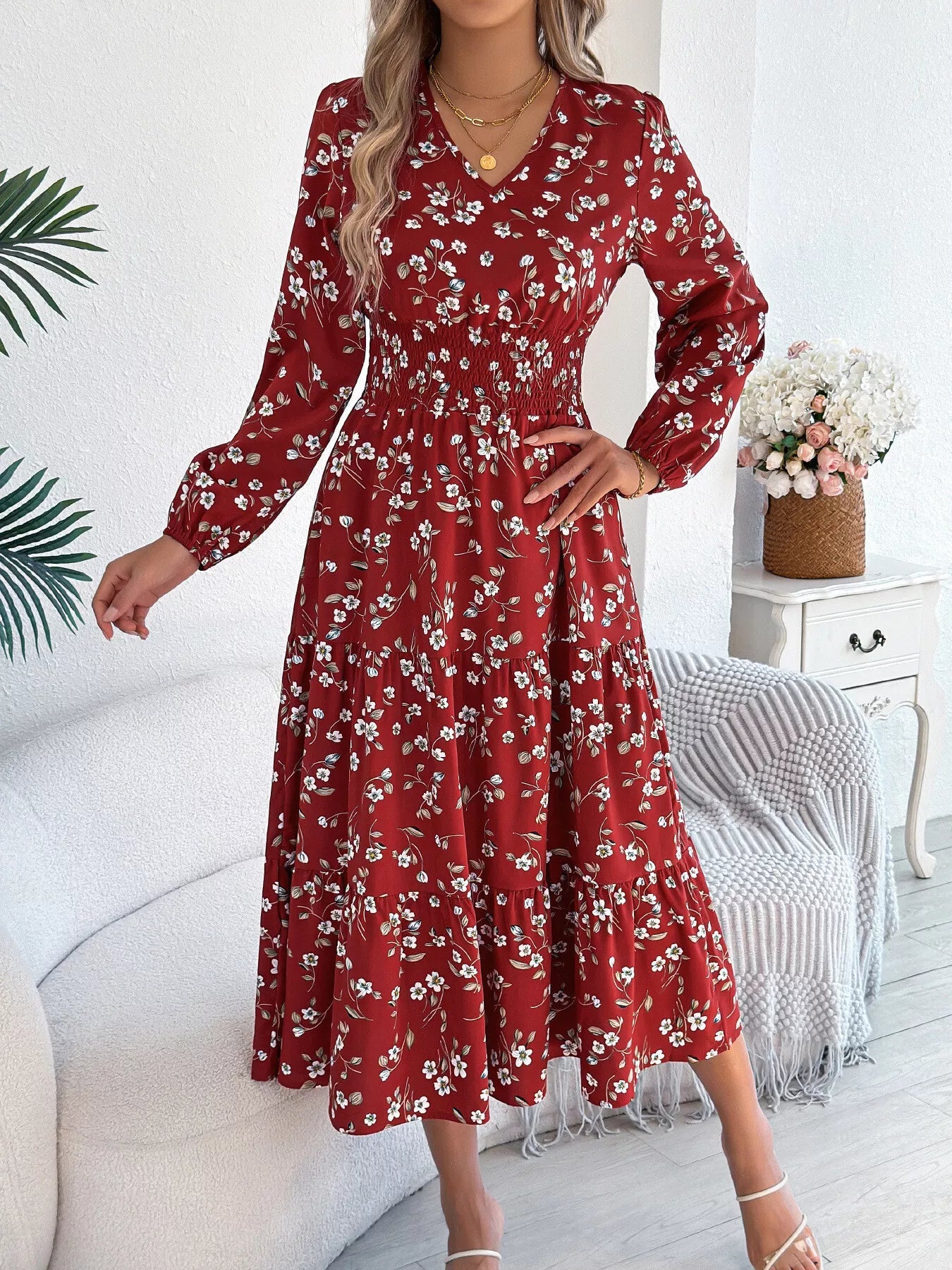 Floral Print Long Sleeve V - Neck Midi Dress - MAD RUFFI