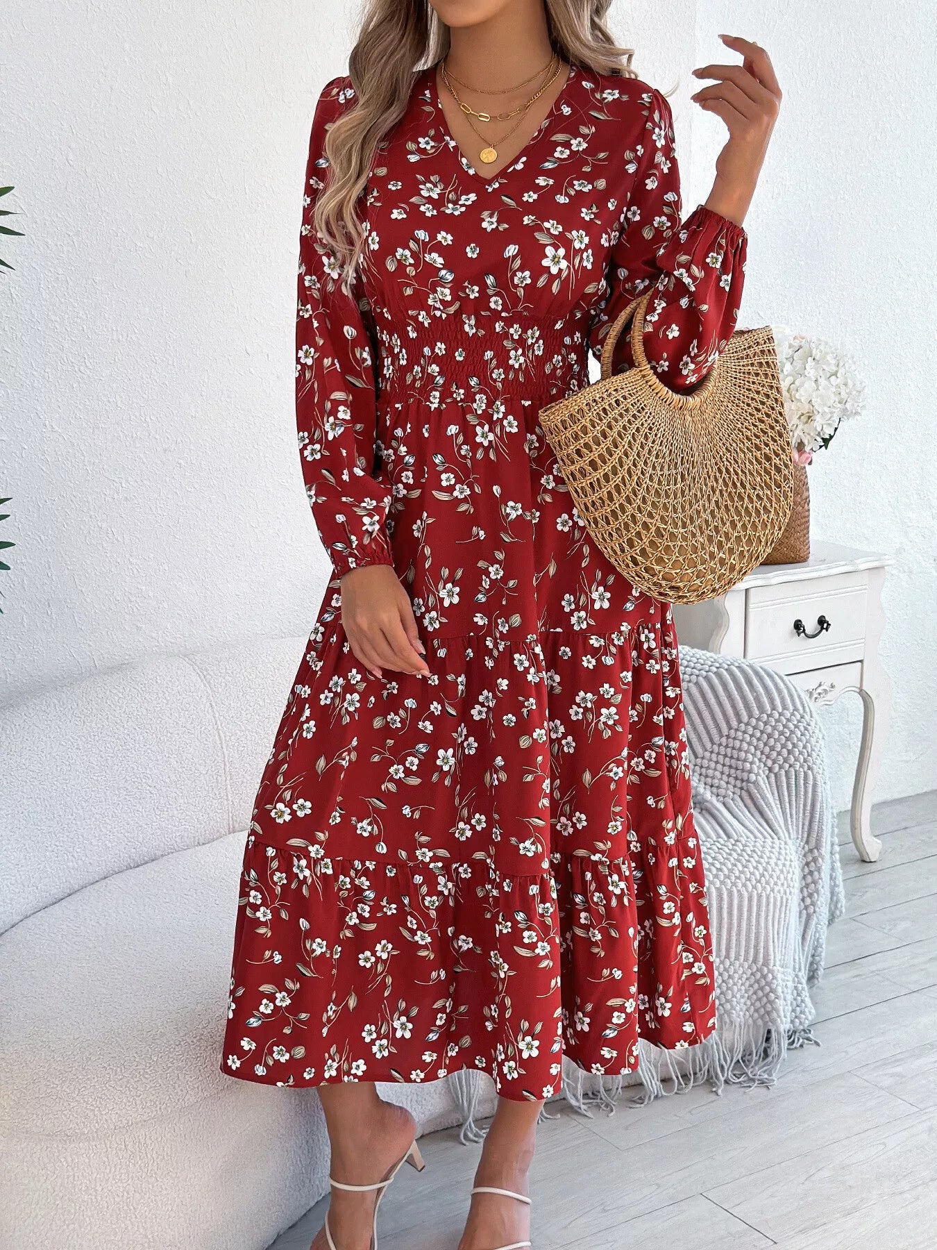 Floral Print Long Sleeve V - Neck Midi Dress - MAD RUFFI