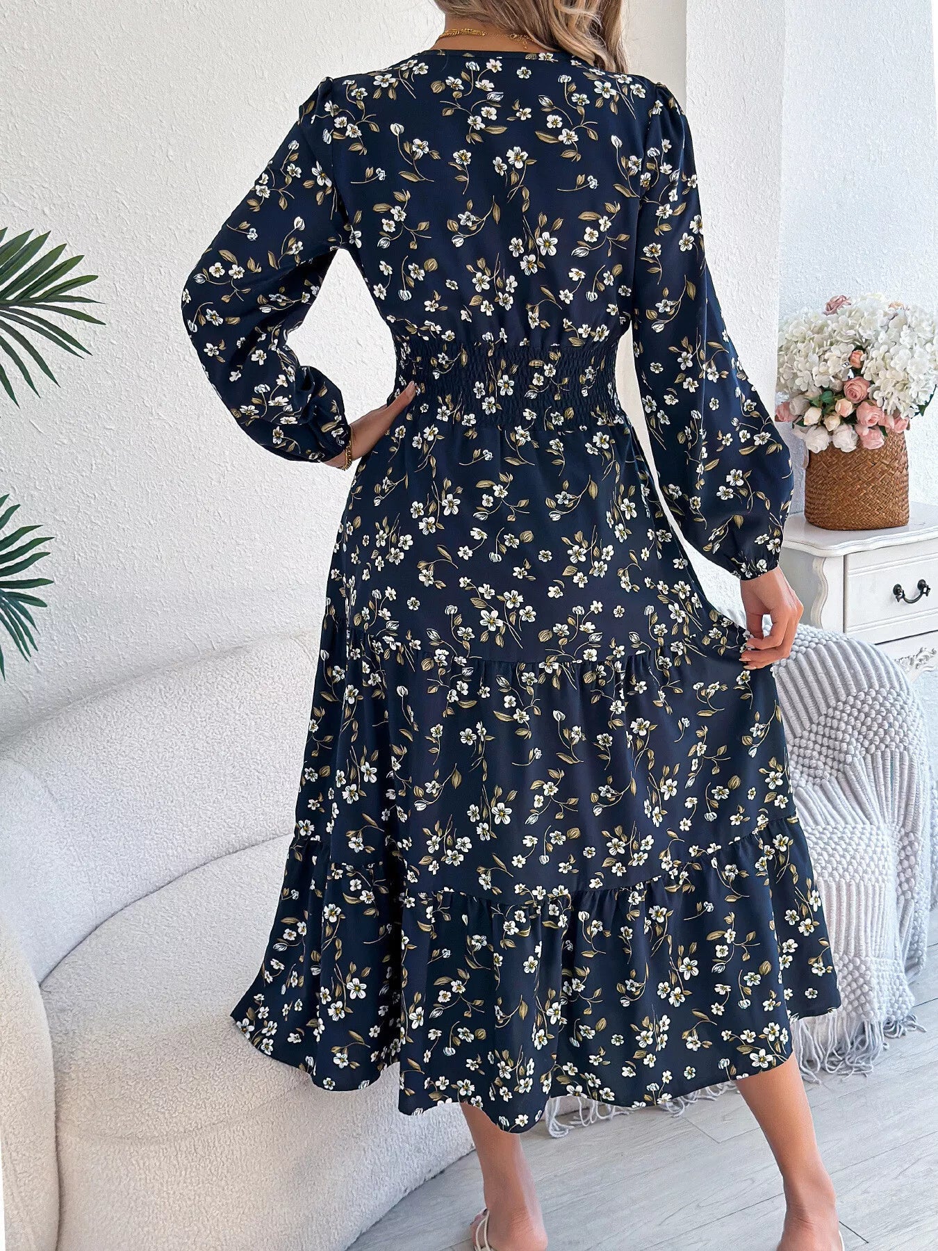 Floral Print Long Sleeve V - Neck Midi Dress - MAD RUFFI