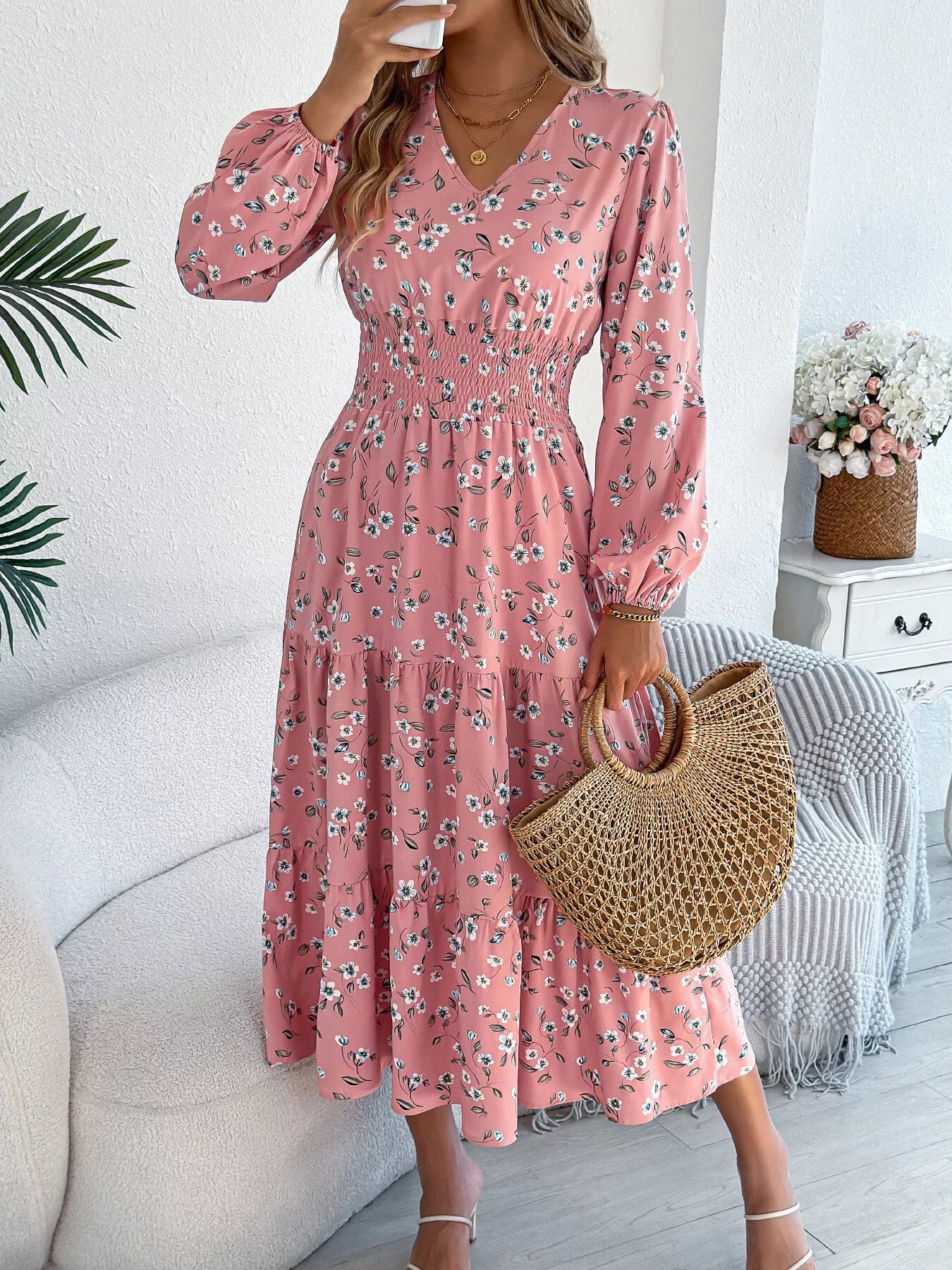 Floral Print Long Sleeve V - Neck Midi Dress - MAD RUFFI