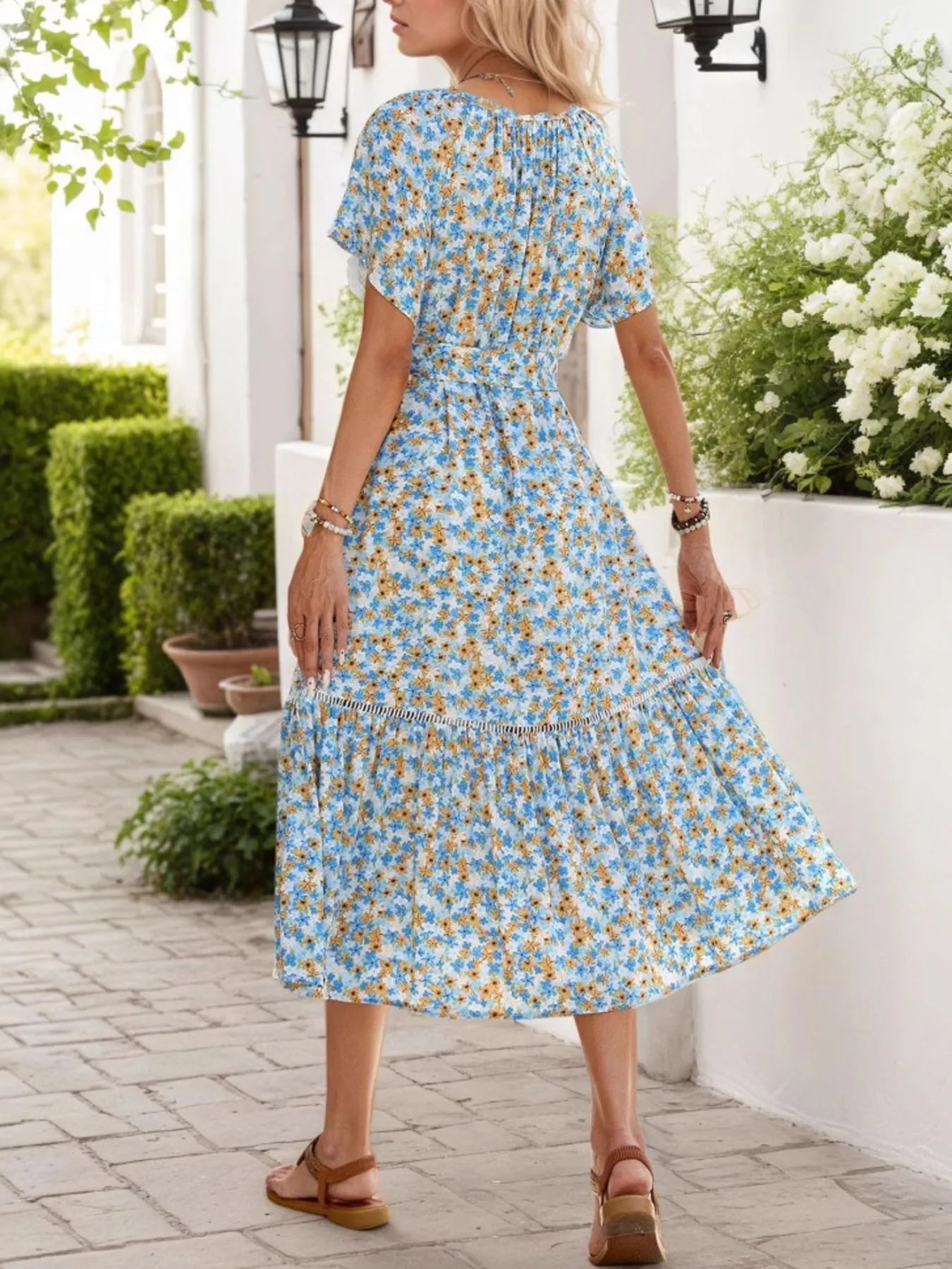 Floral Print Midi Dress with Tie Front - MAD RUFFI