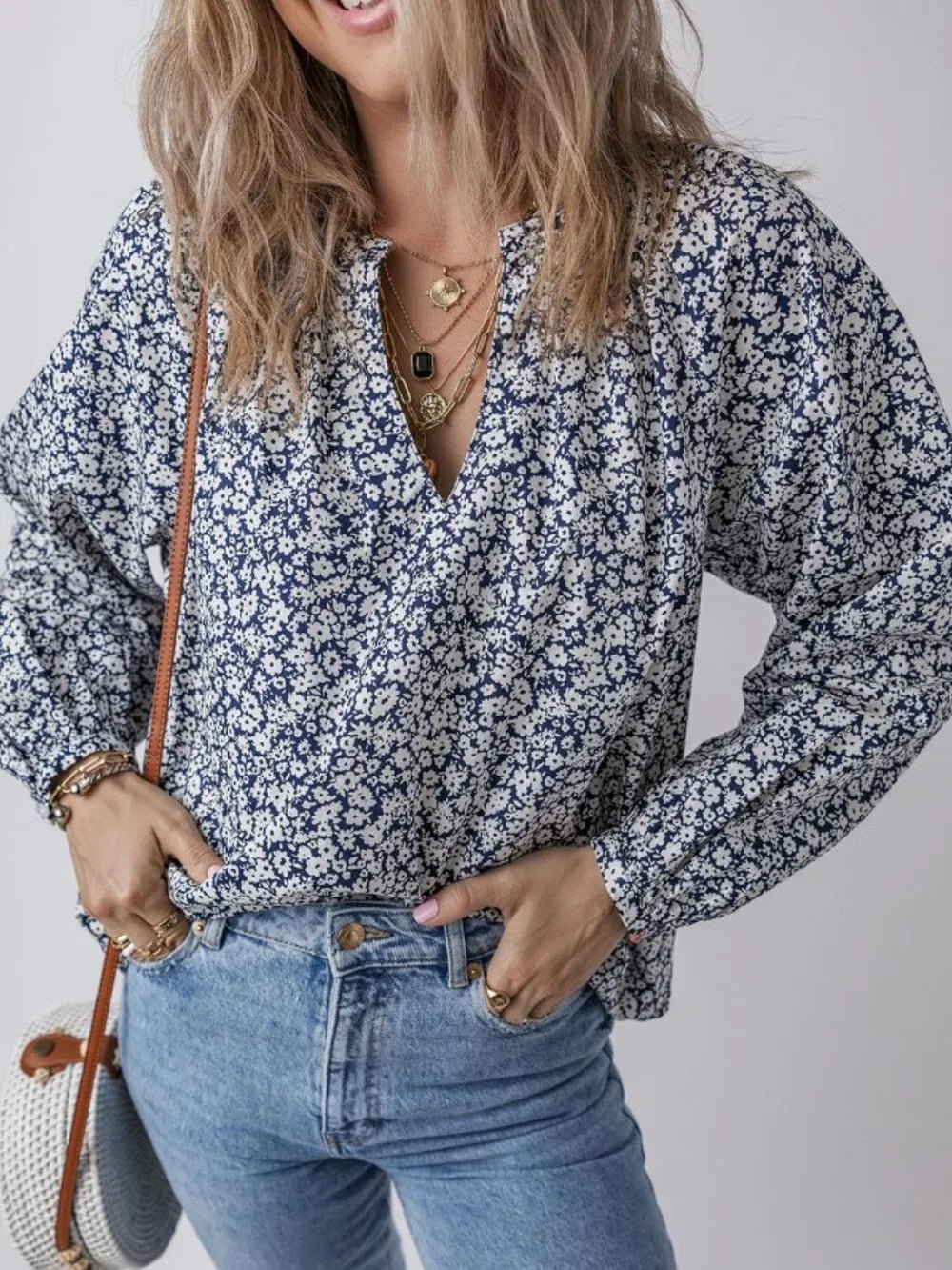 Floral Print Notched Long Sleeve Blouse - MAD RUFFI