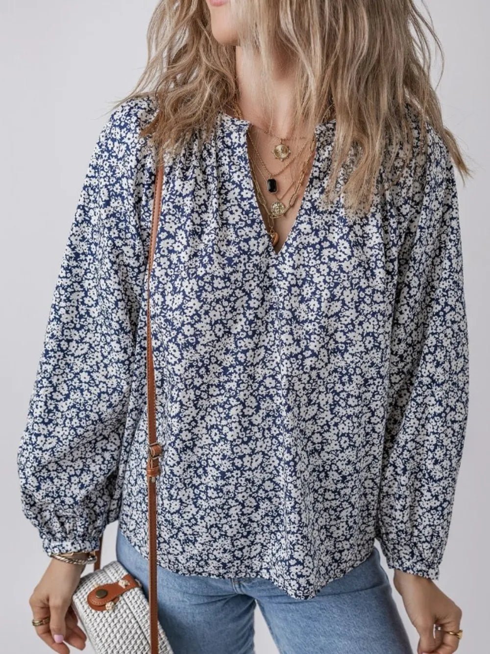 Floral Print Notched Long Sleeve Blouse - MAD RUFFI