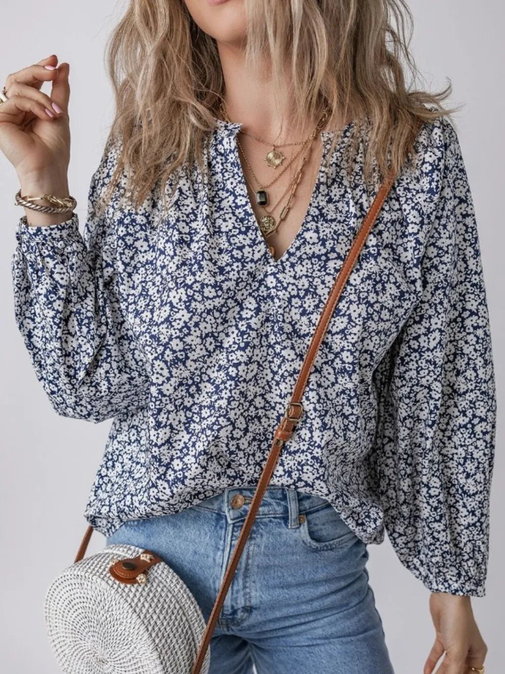 Floral Print Notched Long Sleeve Blouse - MAD RUFFI