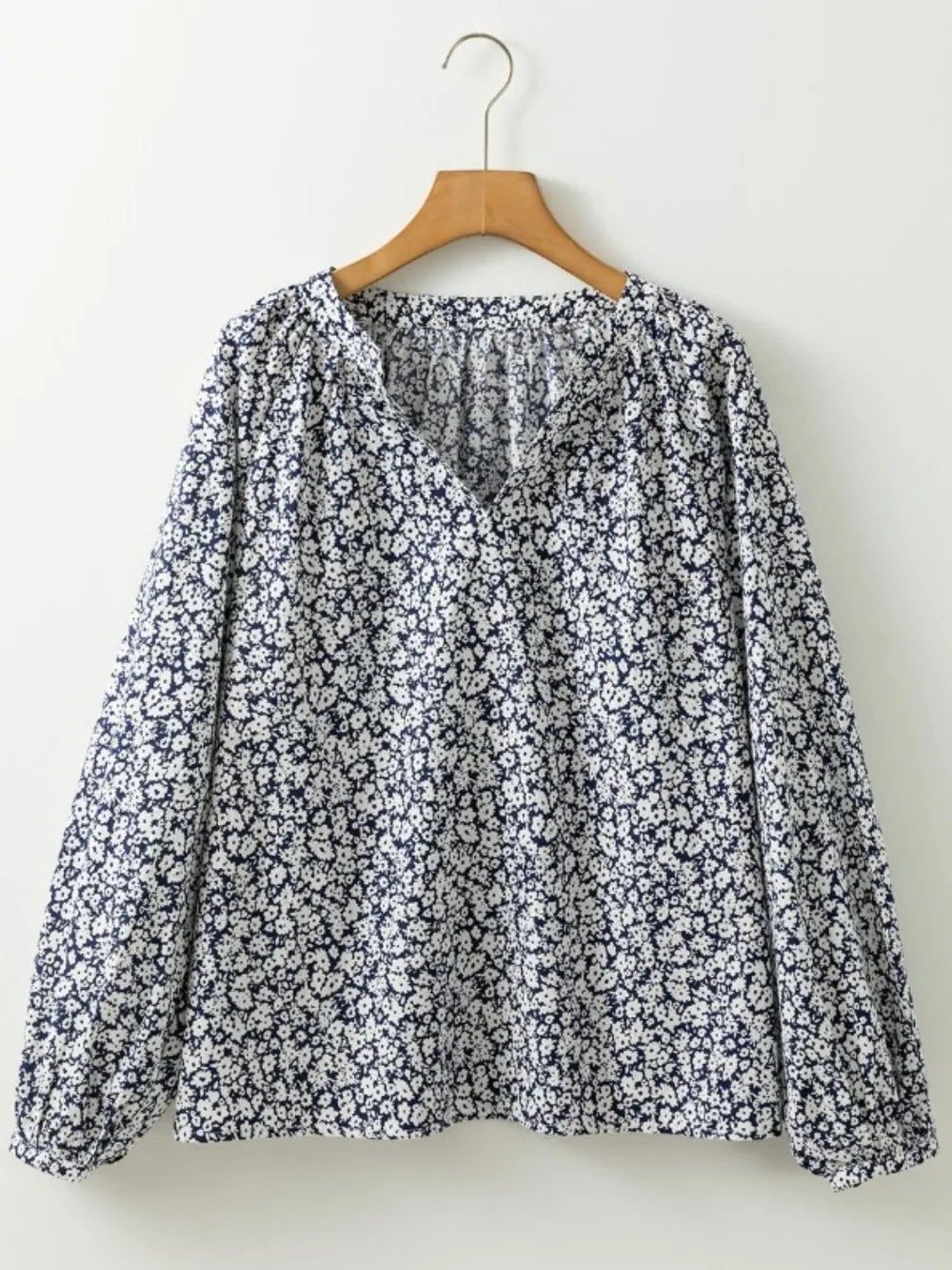 Floral Print Notched Long Sleeve Blouse - MAD RUFFI